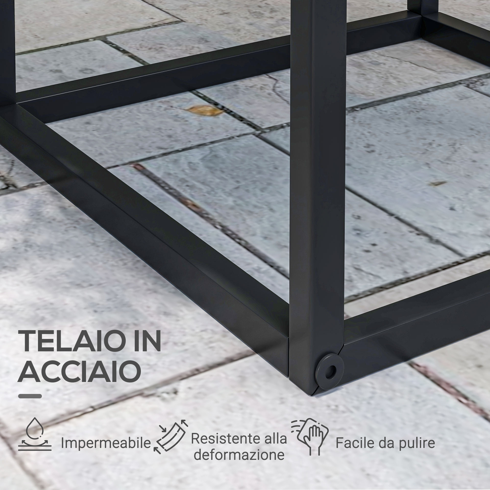 Telaio in acciaio nero su lastre di cemento, impermeabile, resistente alla deformazione, facile da pulire.