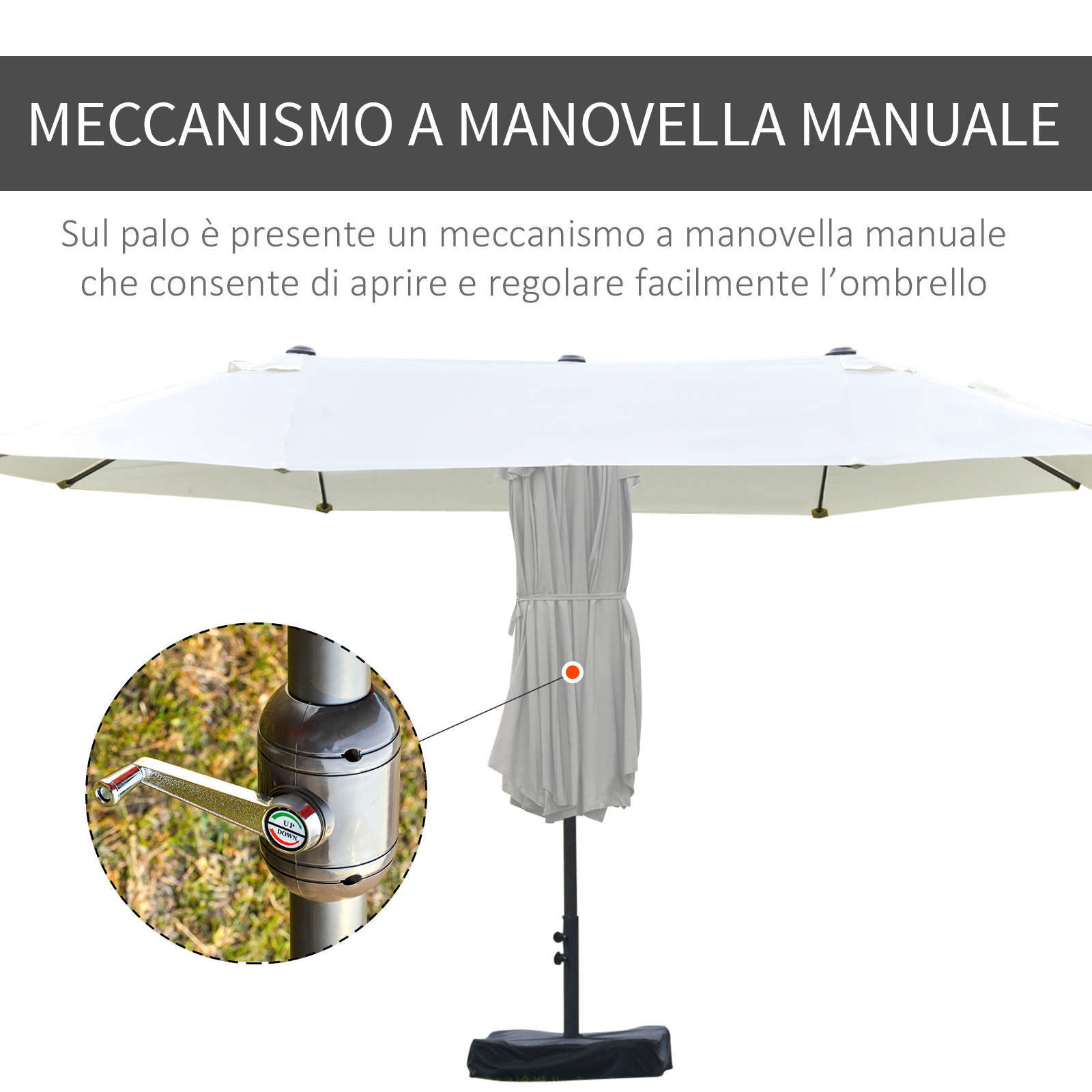 Un ombrello bianco con meccanismo a manovella manuale, primo piano della maniglia.