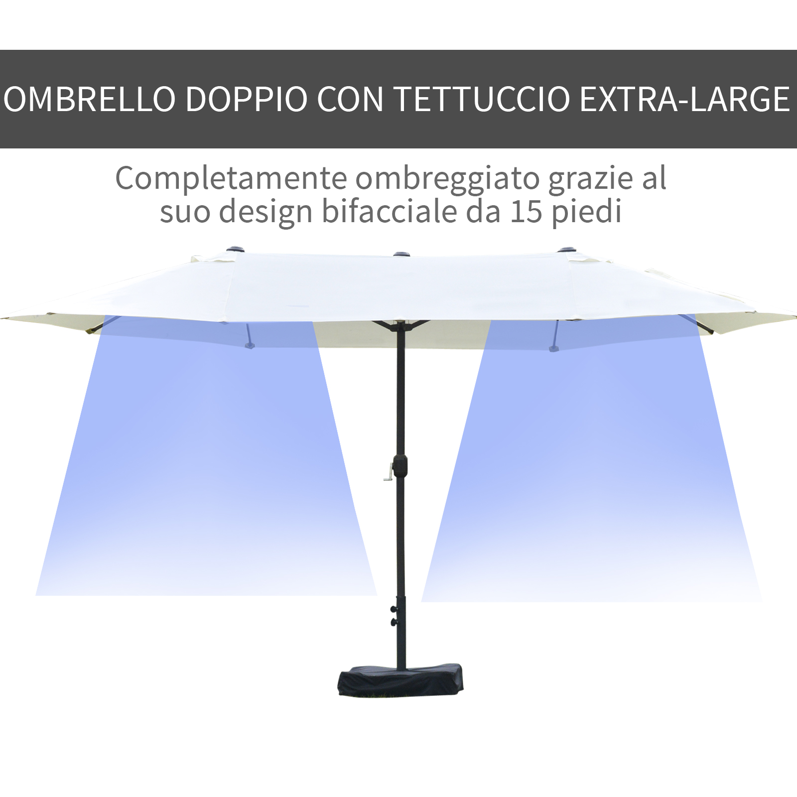 Un grande ombrellone doppio da esterno con manovella manuale e base nera.