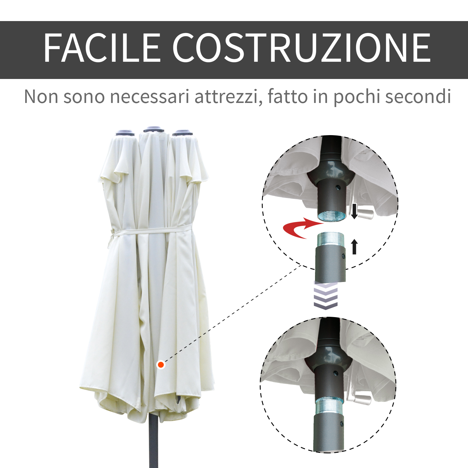 Un ombrellone color crema chiuso, con istruzioni di montaggio.