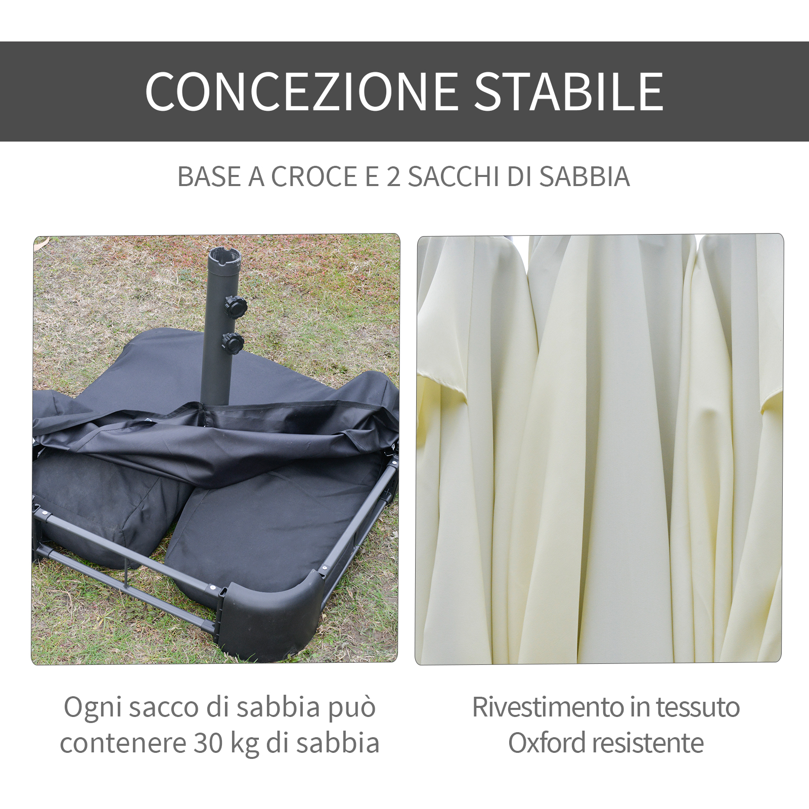 Base stabile a croce con due sacchi di sabbia neri per ombrelloni.