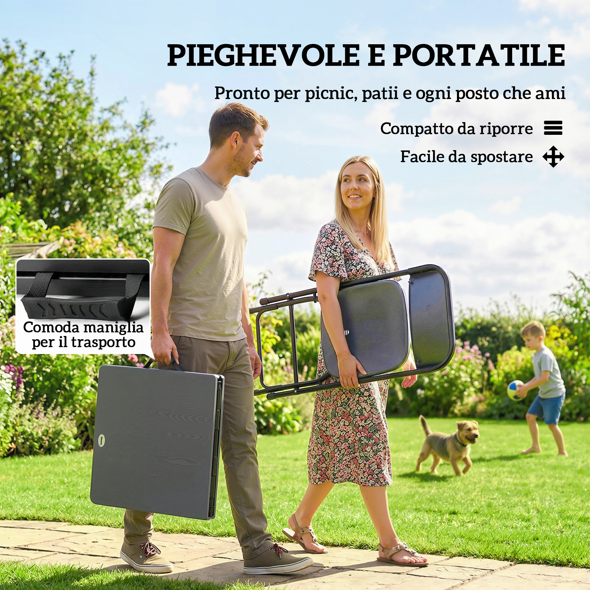 Una coppia porta insieme un tavolo e una sedia pieghevoli in giardino.