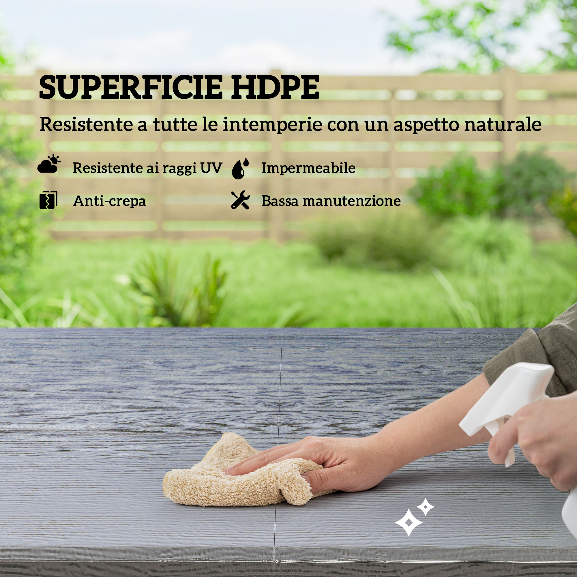 Una mano pulisce una superficie grigia con uno spray detergente e un panno.