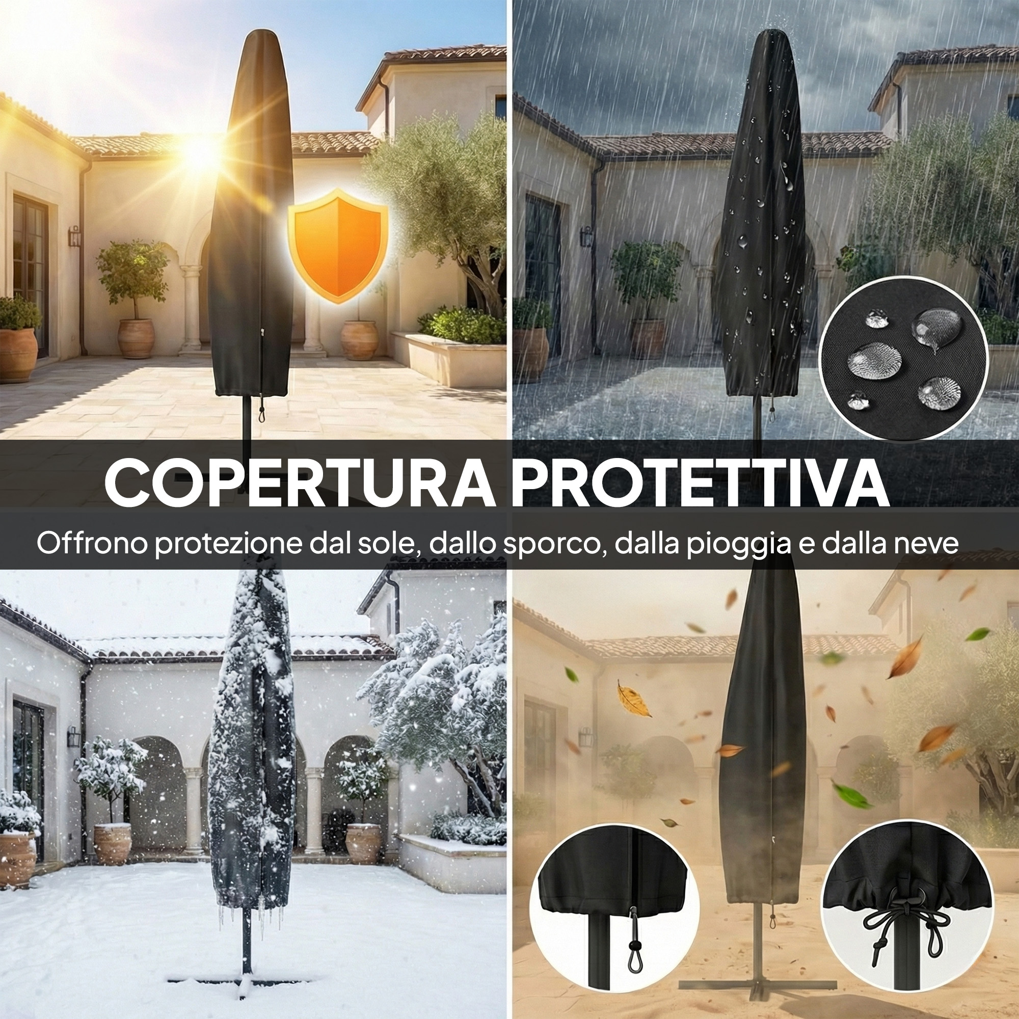 Un ombrellone chiuso in una copertura mostra protezione da sole, pioggia, neve e sporco.