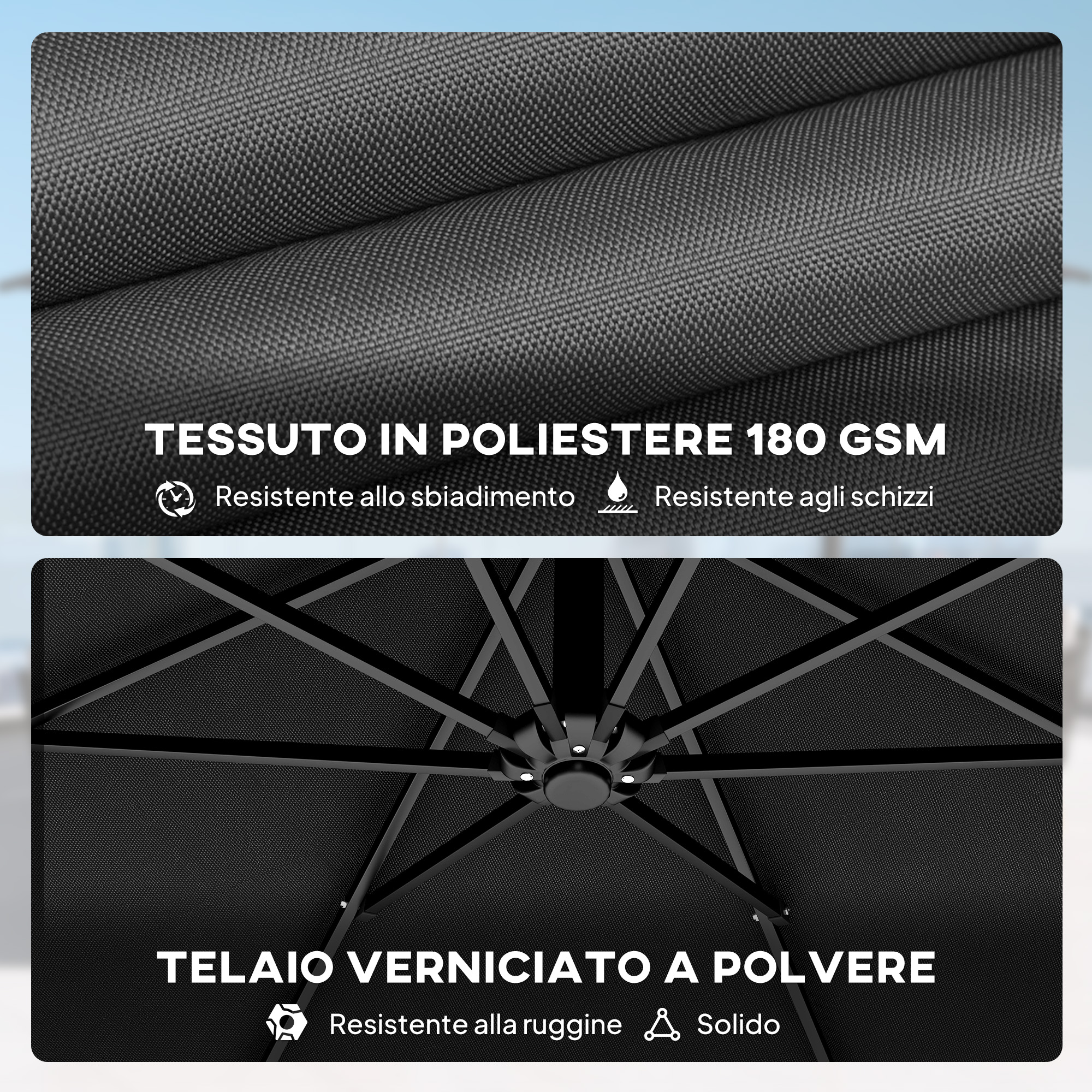 Tessuto grigio in poliestere da 180 GSM e telaio verniciato a polvere.