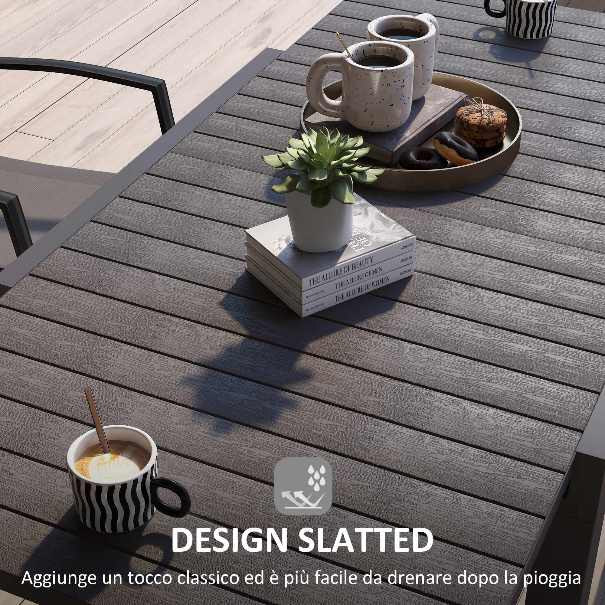 Tavolo in legno con tazze da caffè, libri e biscotti. Testo: DESIGN SLATTED.