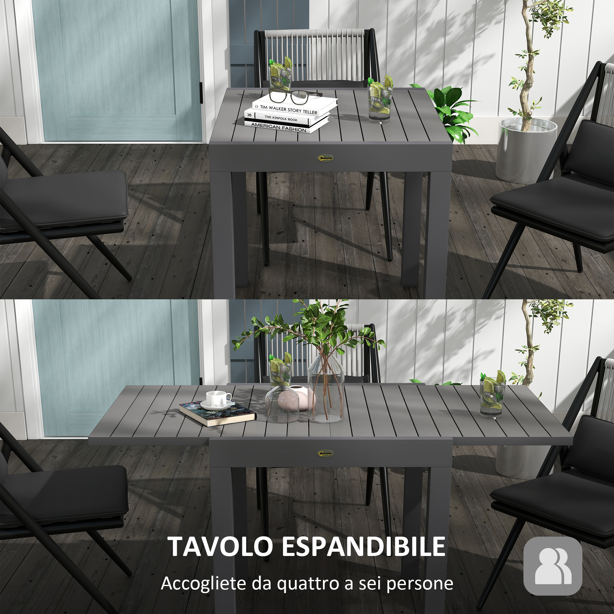 Tavolo espandibile grigio con sedie nere su un ponte di legno.