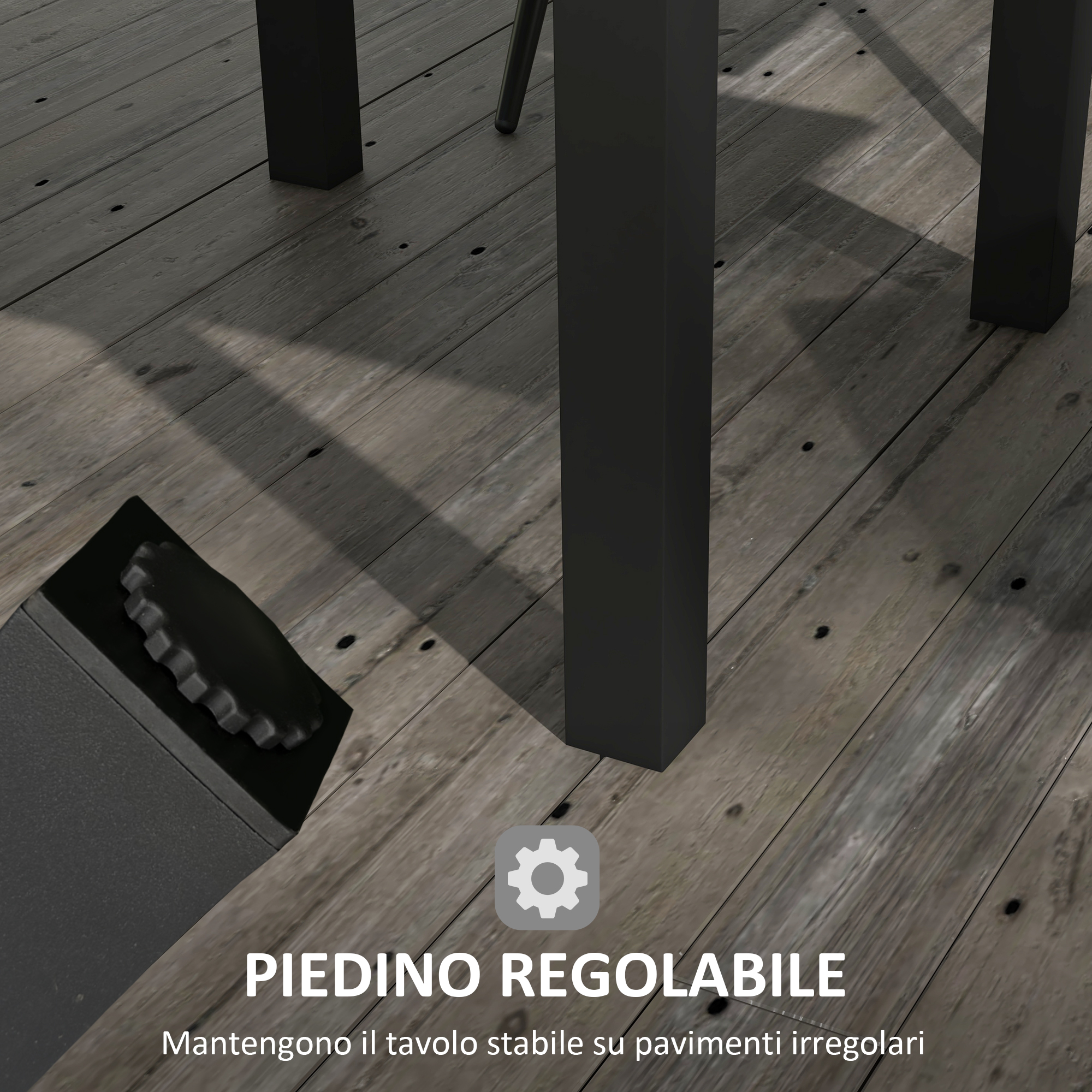 Un piedino regolabile sotto la gamba di un tavolo su assi di legno.