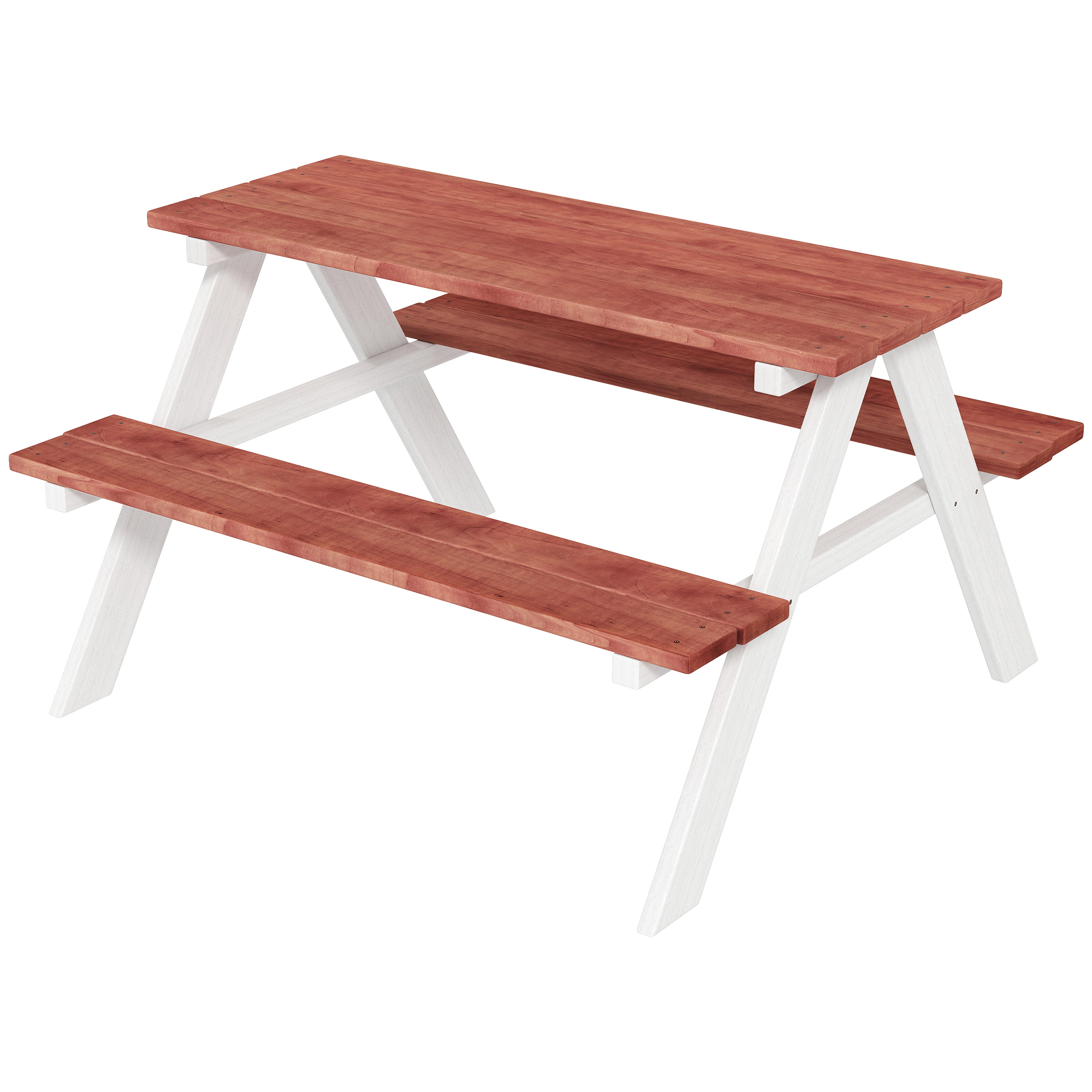 Tavolo da picnic in legno con gambe bianche e seduta marrone.