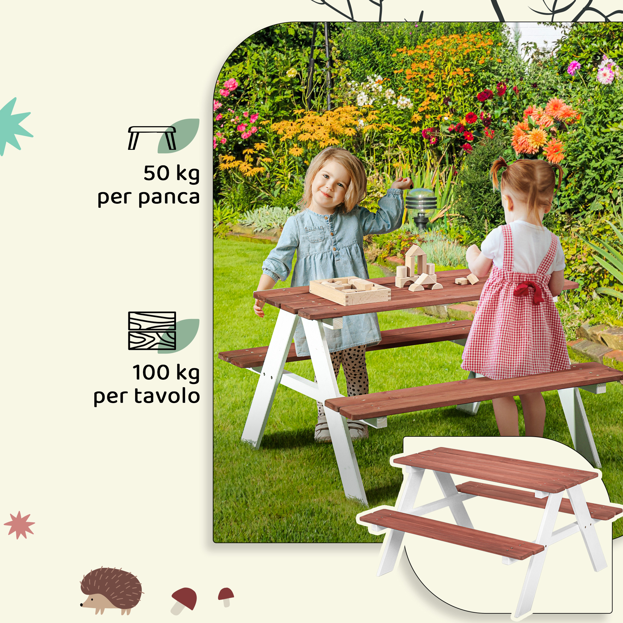 Due bambine giocano con blocchi di legno a un tavolo da picnic in giardino.