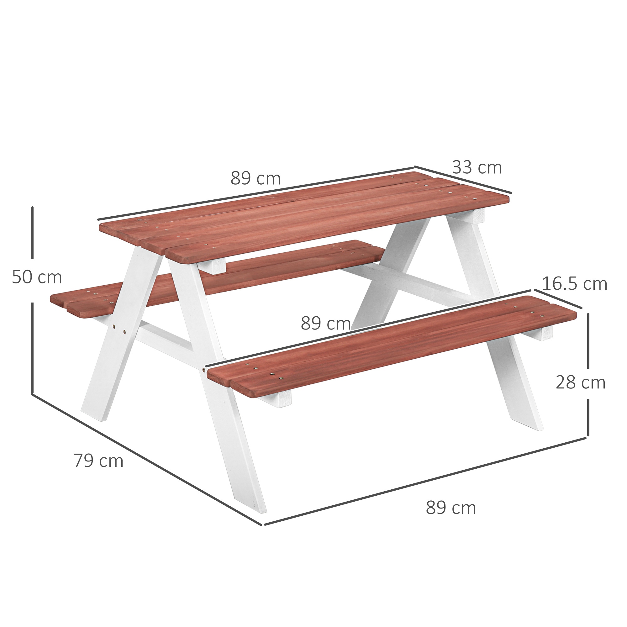 Tavolo da picnic in legno marrone con gambe bianche, dimensioni indicate.