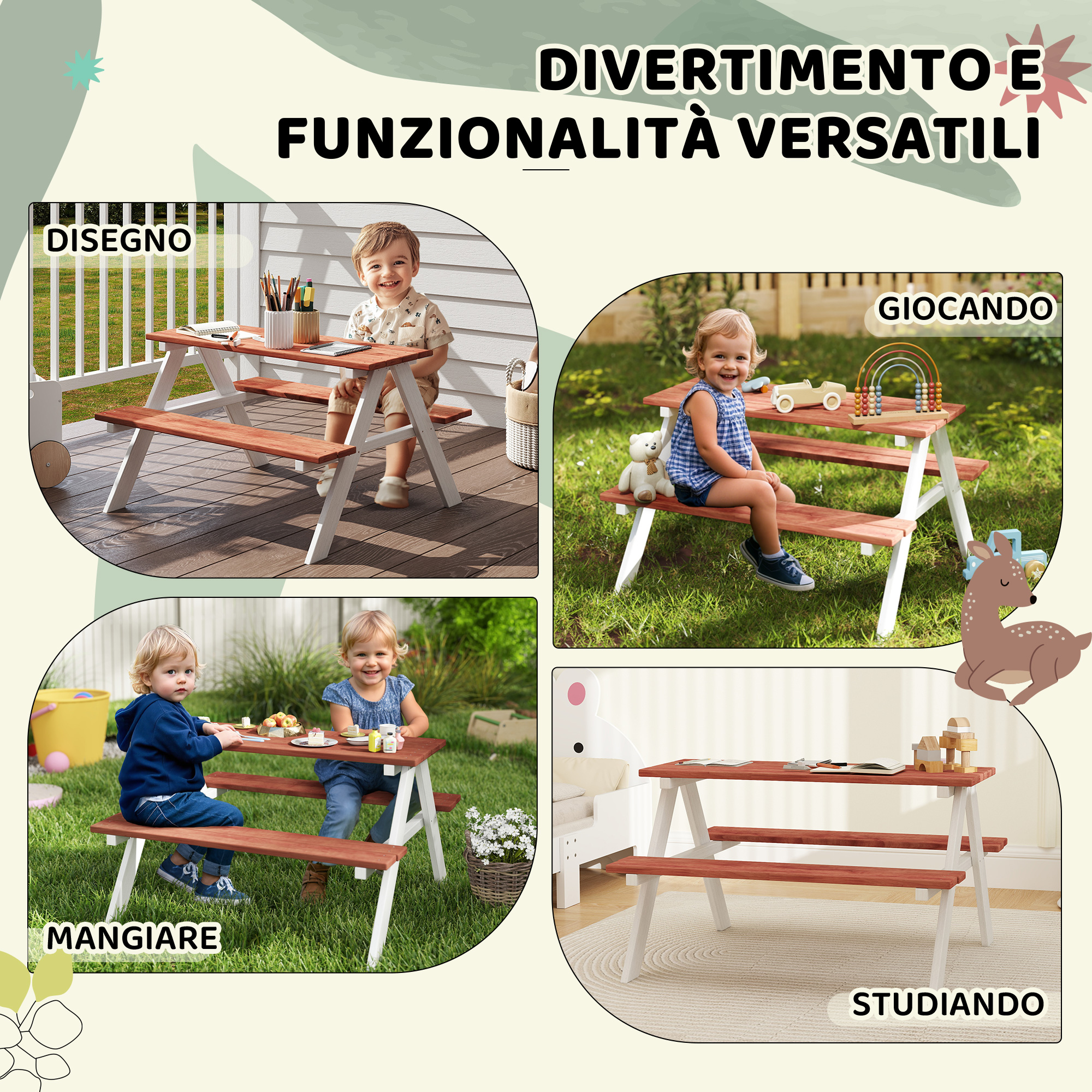 Bambini al tavolo di legno: disegno, gioco, pasto, studio. Quattro scene.