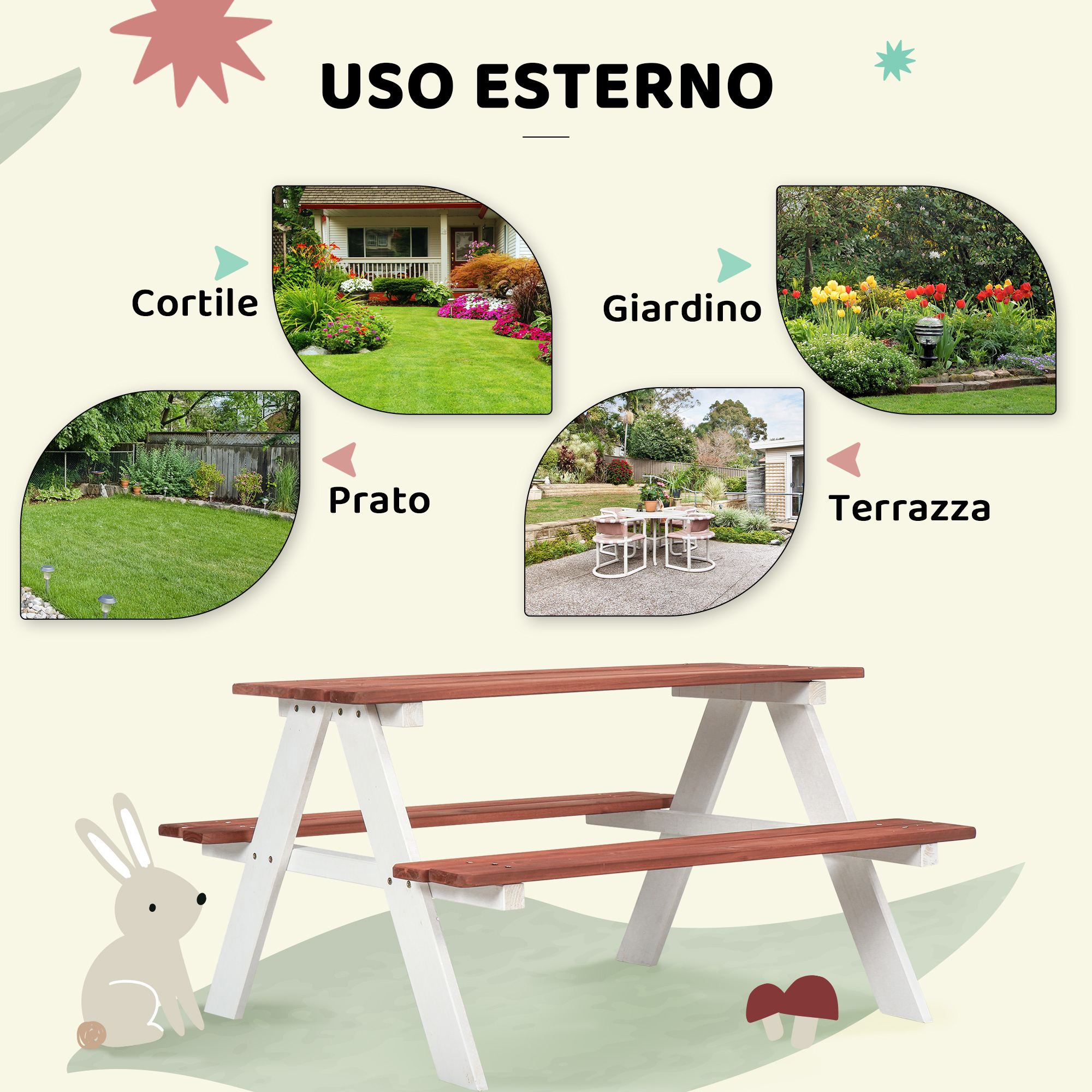 Illustrazione di un tavolo da picnic con coniglio e funghi, su sfondo di quattro scene all'aperto.