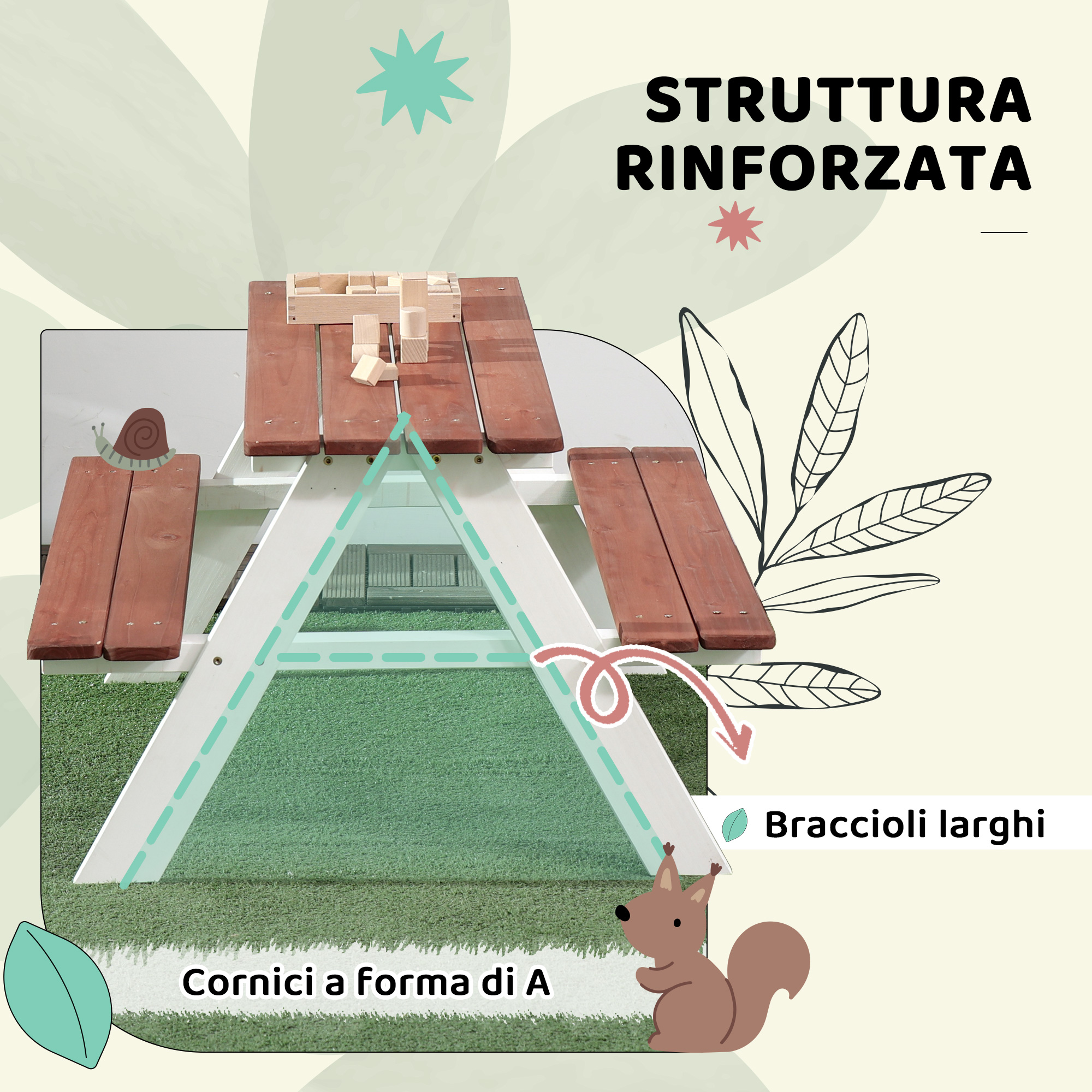 Un tavolo da picnic in legno con blocchi di legno. Uno scoiattolo seduto sotto.
