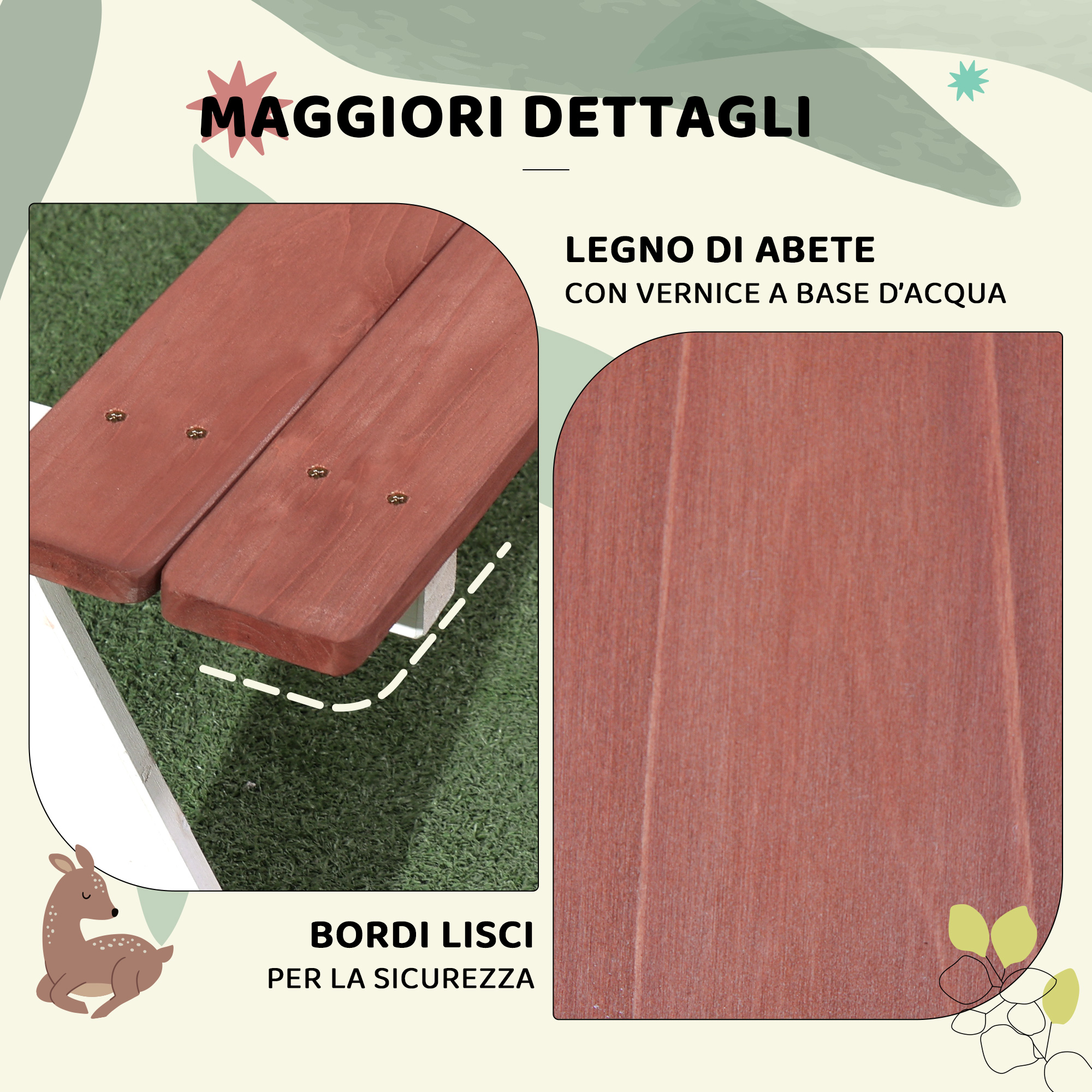 Superficie in legno marrone con venature e viti visibili. Erba sintetica sullo sfondo.