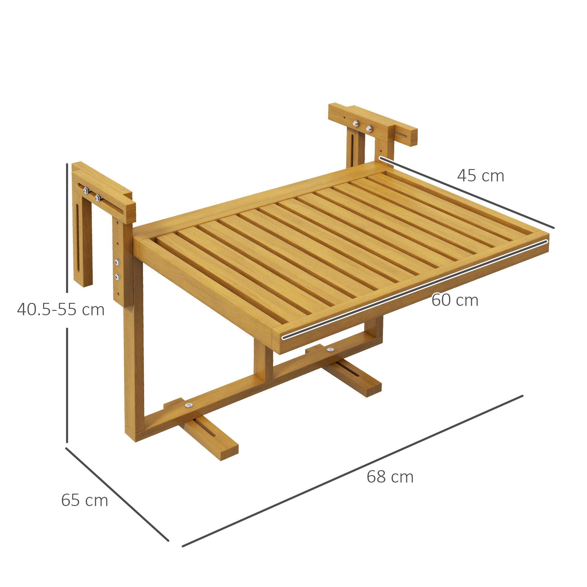 Un tavolo sospeso da balcone in legno, 60x45cm. Altezza regolabile 40.5-55cm.
