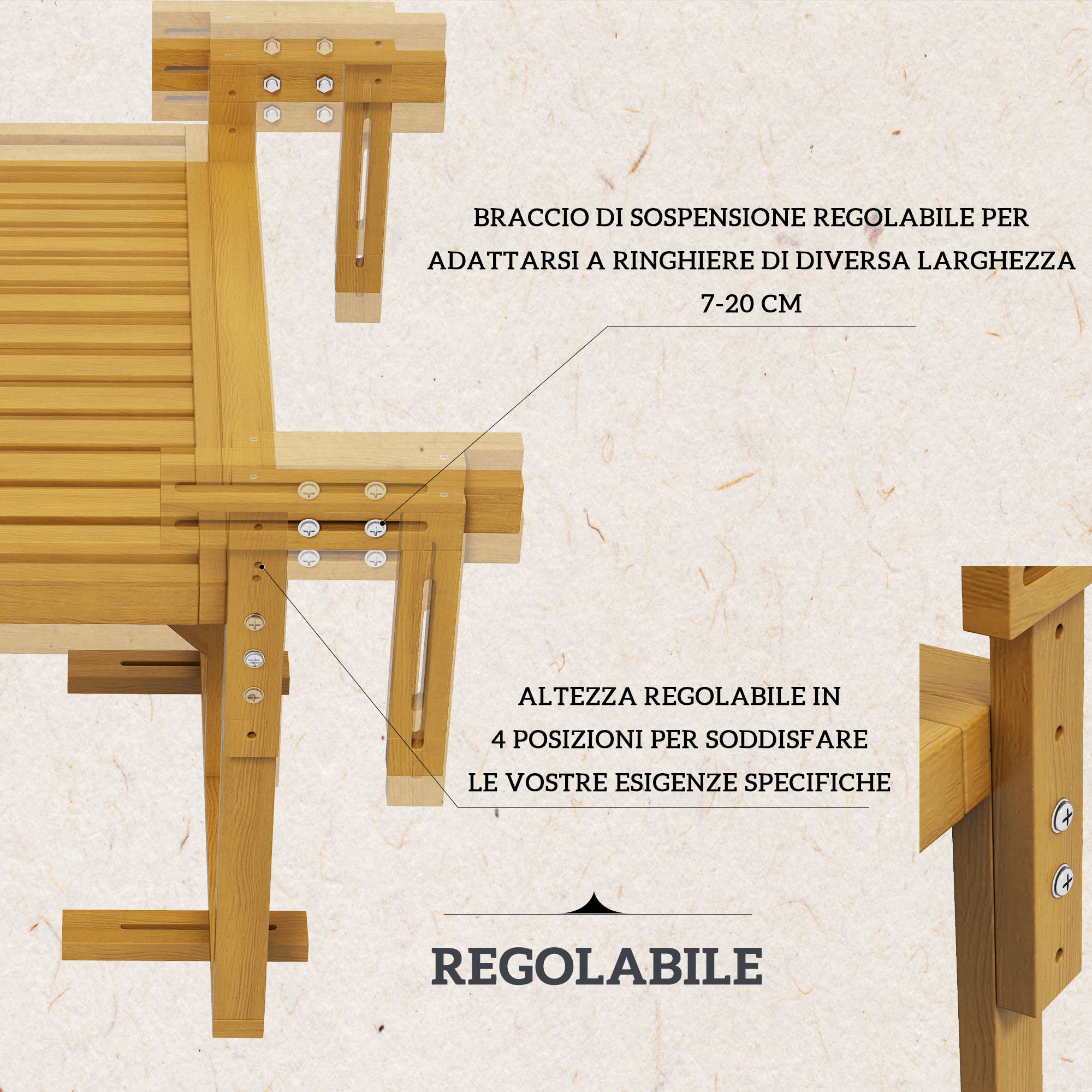 Braccio di sospensione regolabile per ringhiere 7-20 cm.