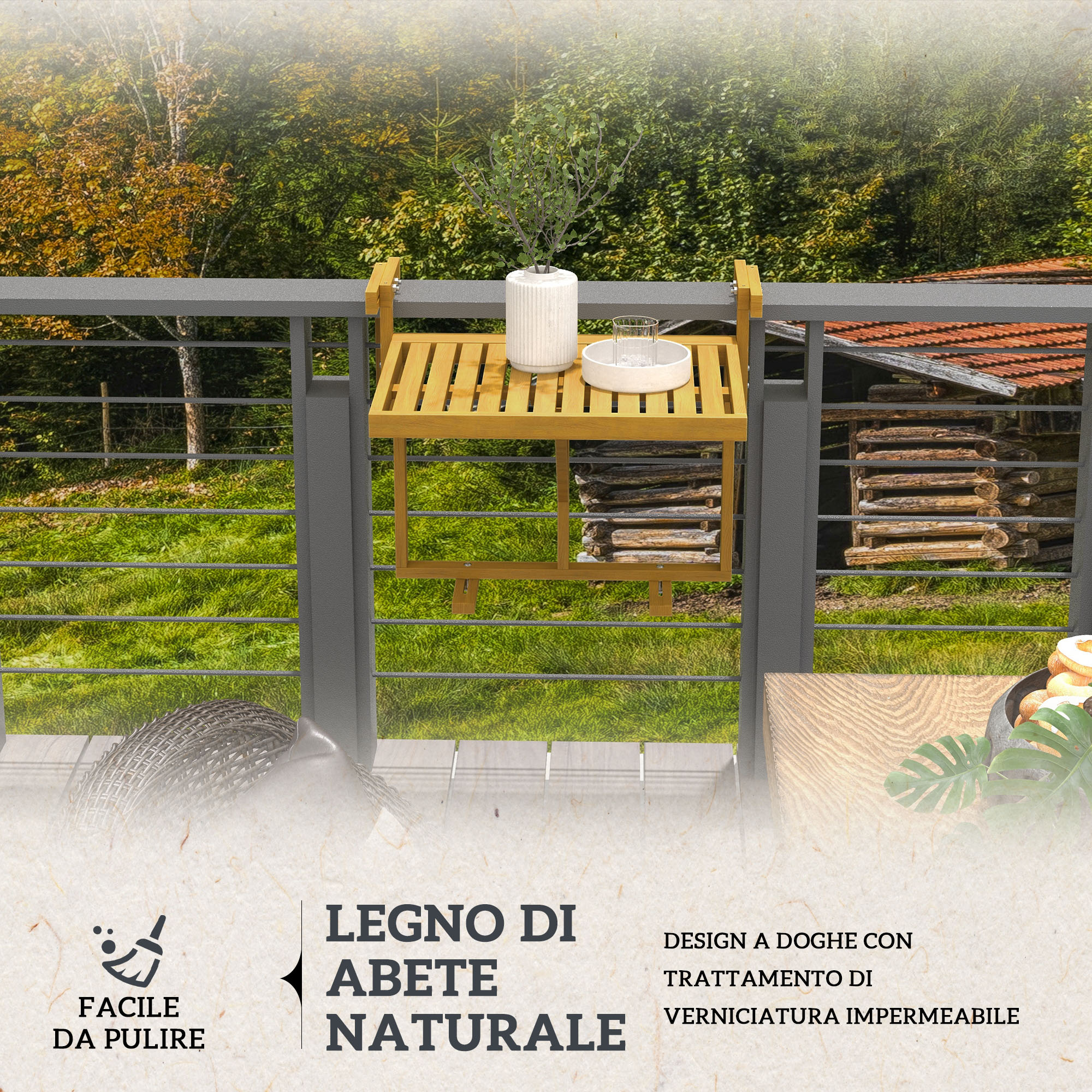 Un tavolino da balcone in legno con piante e un bicchiere d'acqua.
