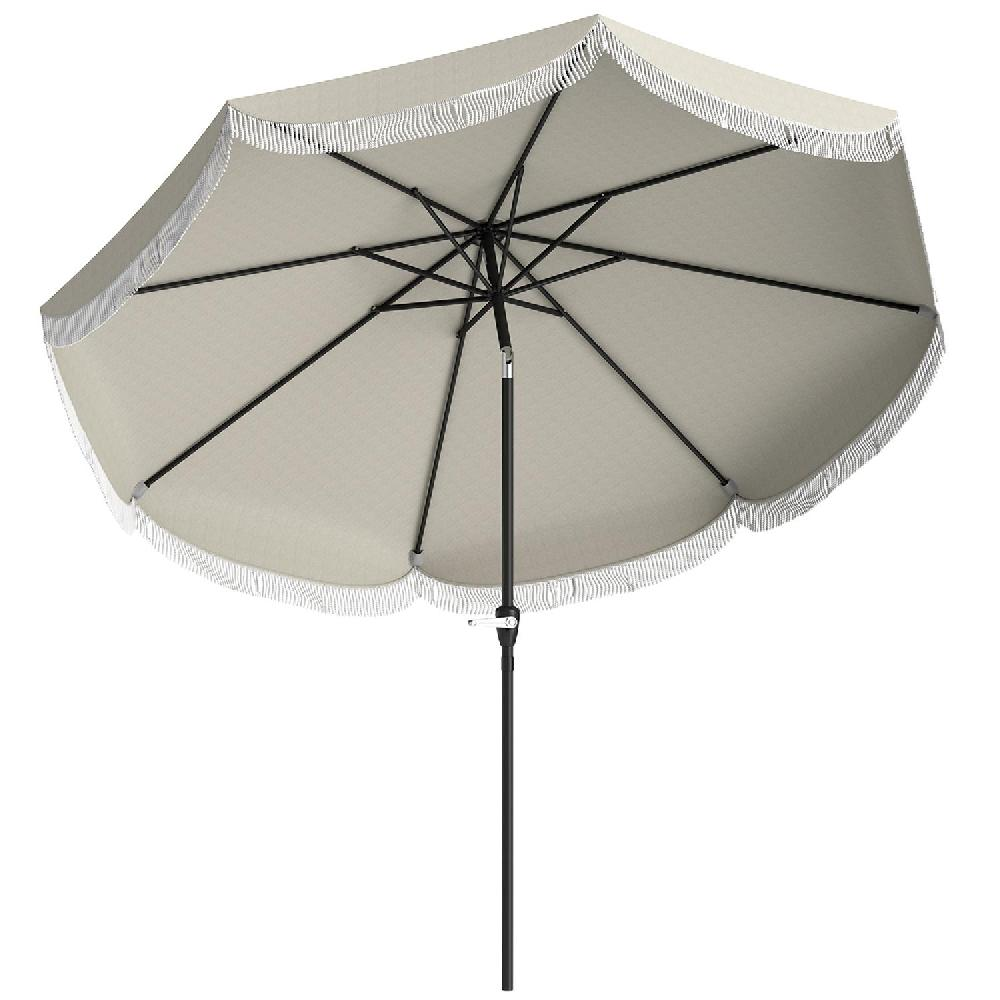 Un ombrellone beige con bordo sfrangiato e struttura nera.
