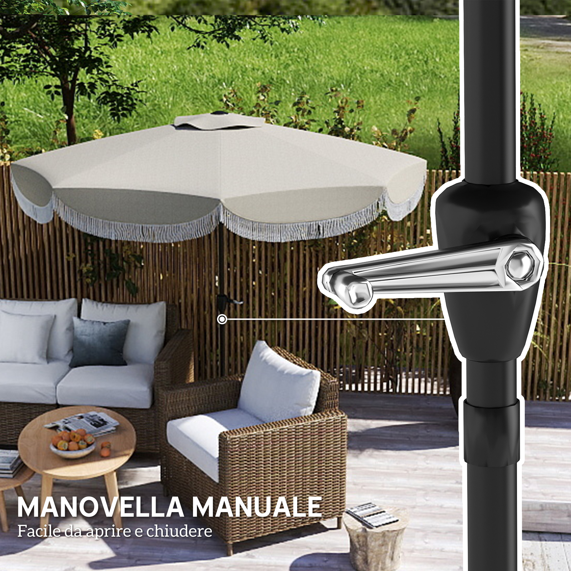 Arredo esterno con ombrellone e meccanismo a manovella visibile.