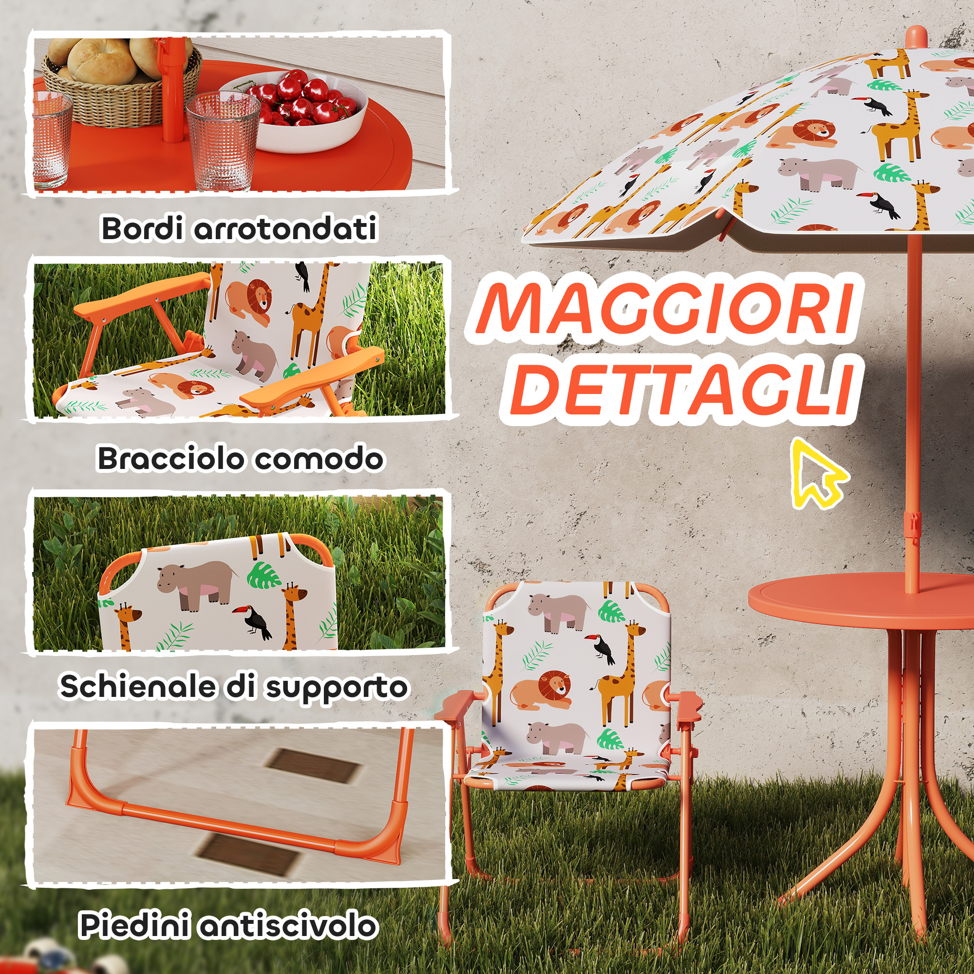 Arredo giardino arancione con stampa animale: sedia bimbo, tavolo, ombrellone.