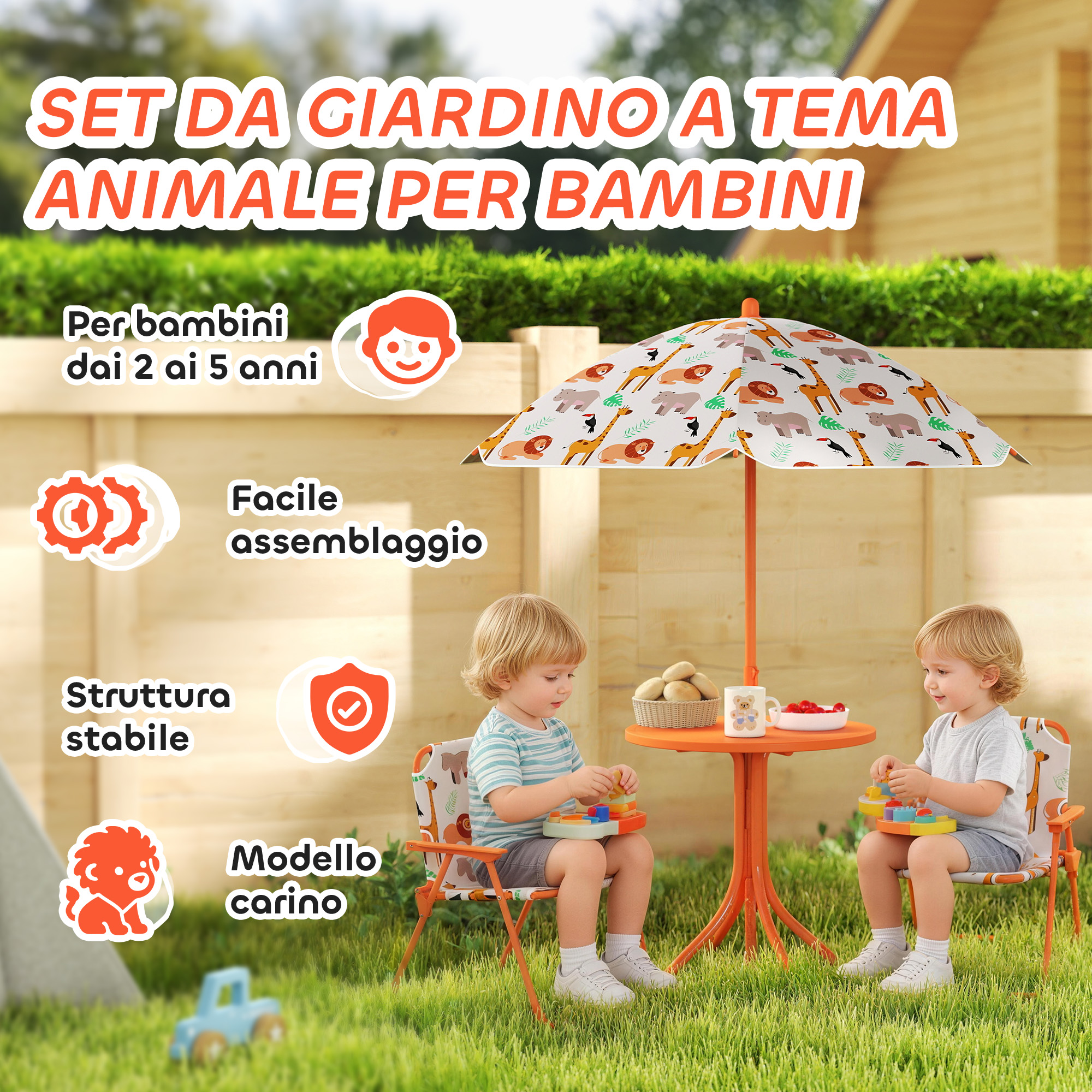 Due bambini siedono a un tavolo arancione in giardino sotto un ombrellone a tema animale.
