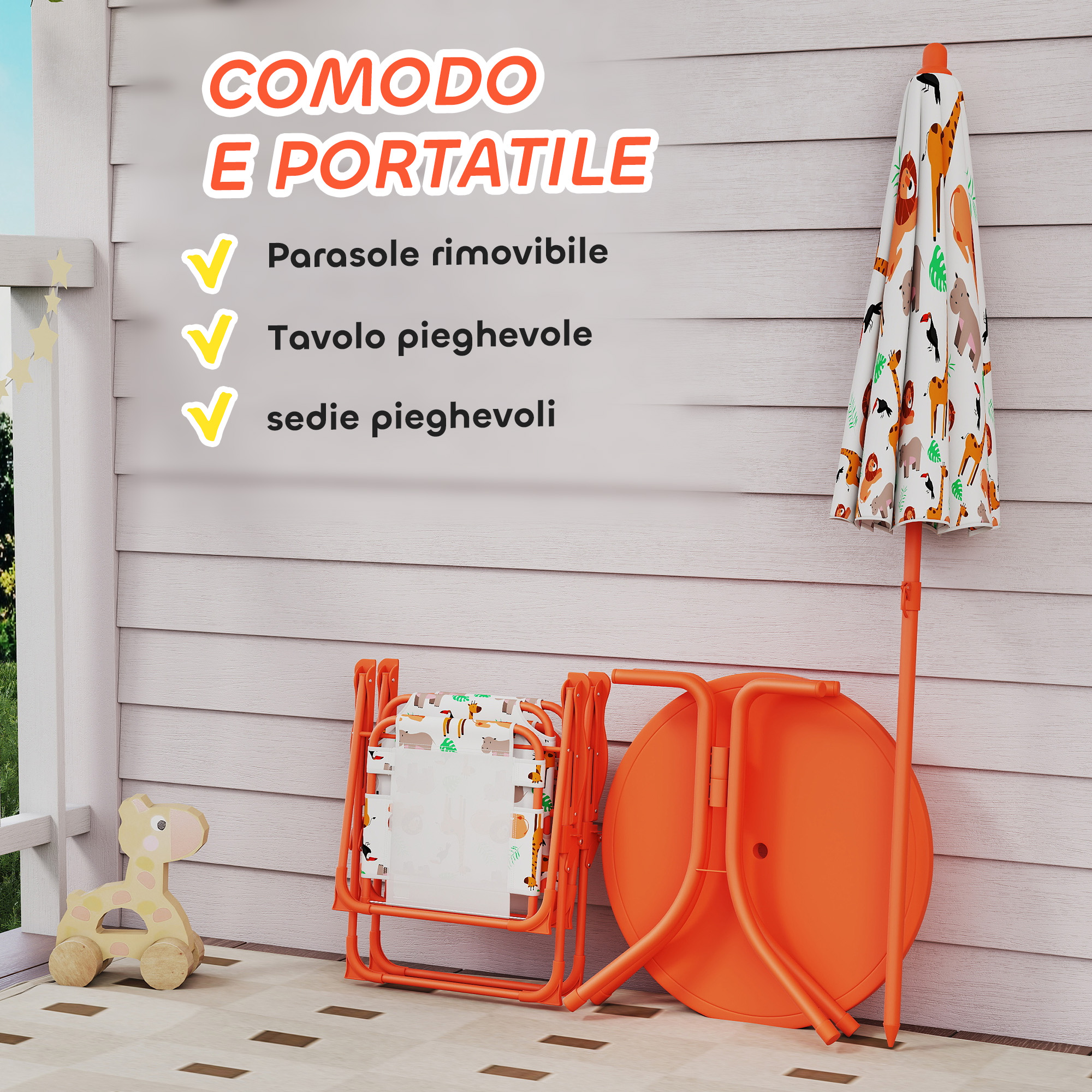 Tavolo e sedia pieghevoli arancioni con ombrellone a tema animali.