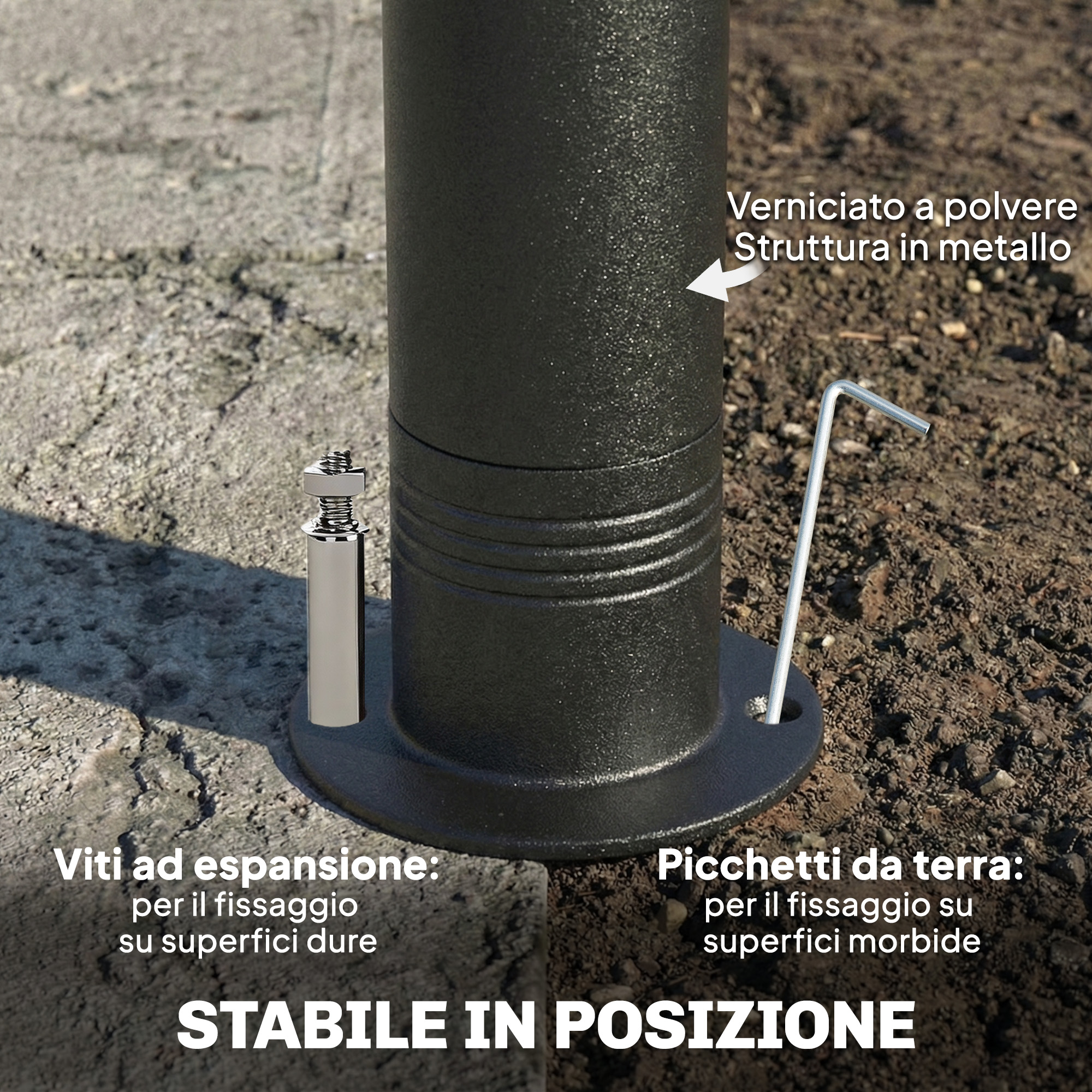 Struttura in metallo verniciato a polvere, opzioni per fissaggio su superfici dure e morbide.
