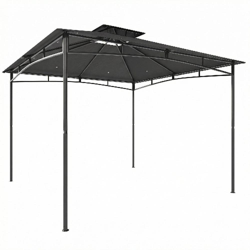 Una pergola nera con tetto a doppio strato su sfondo bianco.
