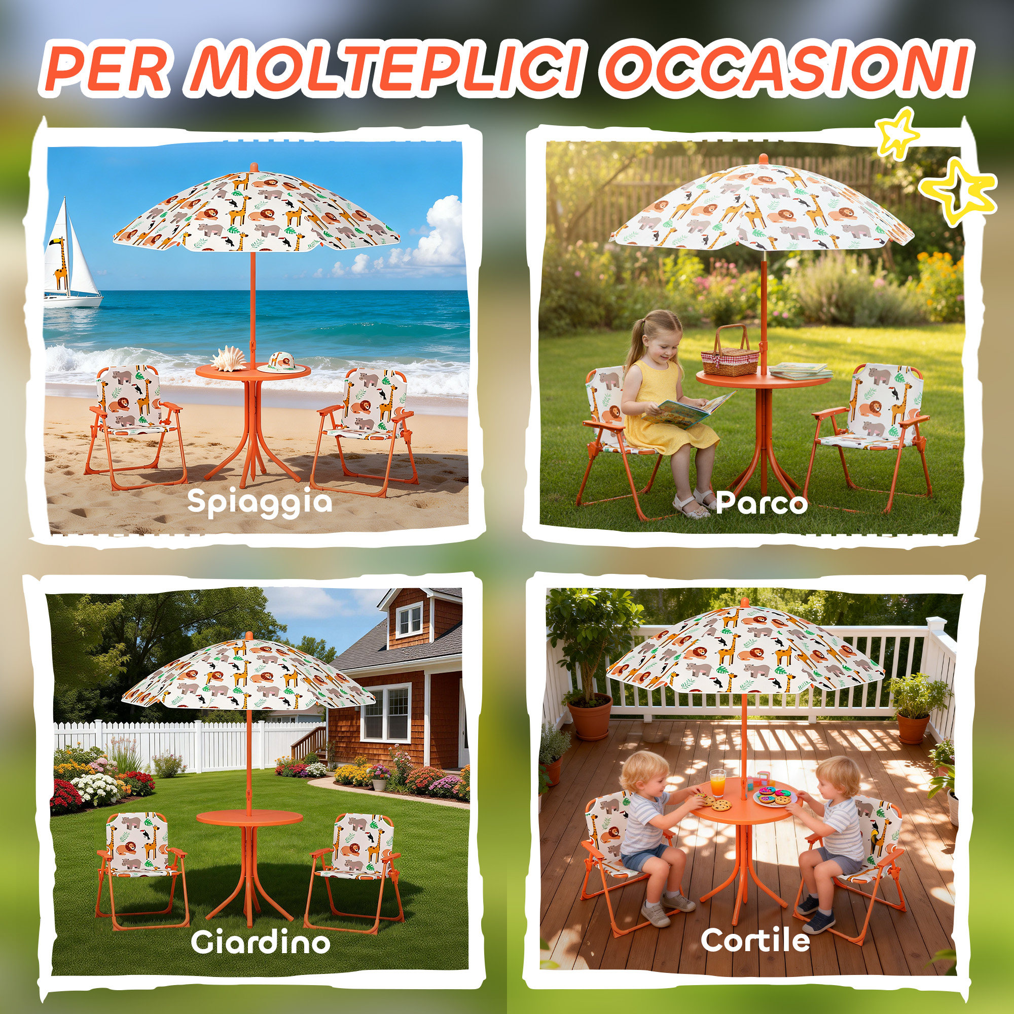 Quattro scene mostrano tavolo e sedie arancioni con stampa animale. Spiaggia, giardino, parco, patio.