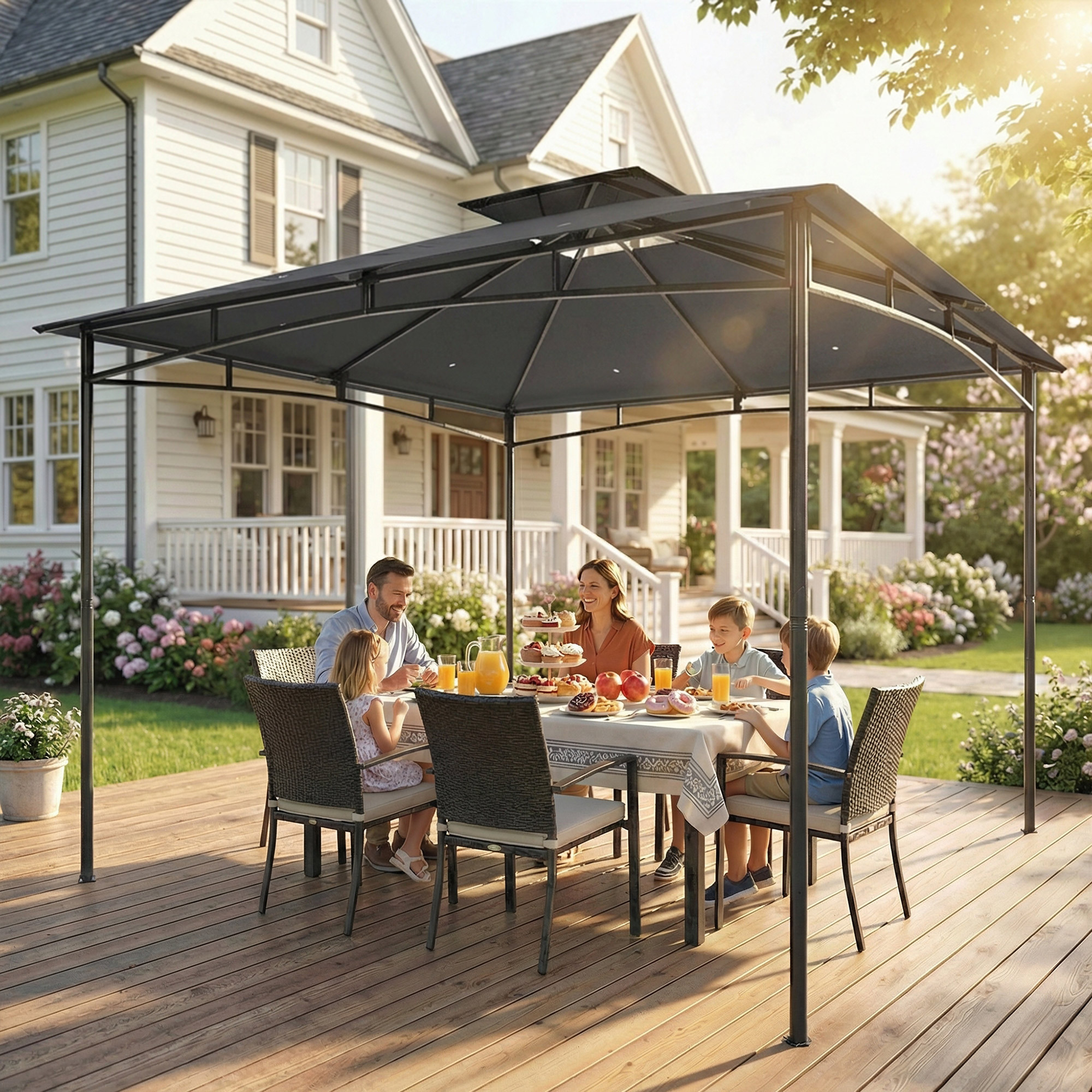 Famiglia che mangia sotto un gazebo in giardino con una casa sullo sfondo.