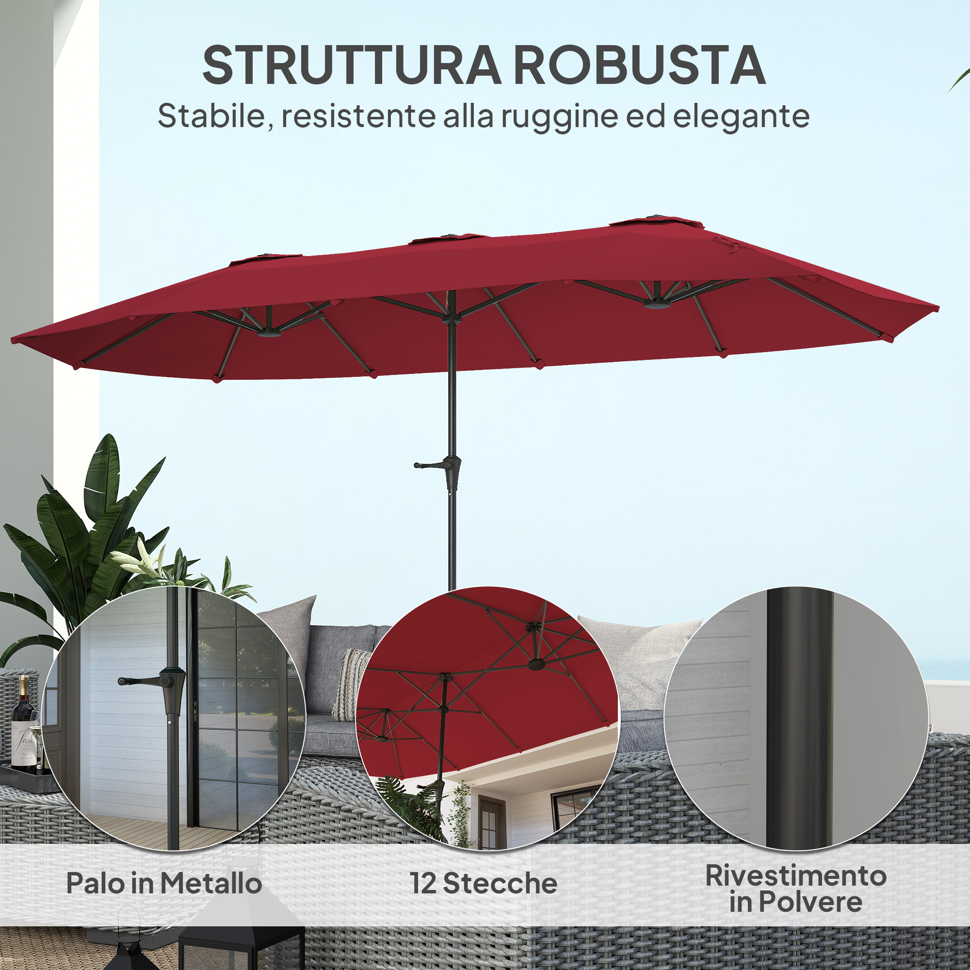 Un parasole doppio rosso con palo in metallo, 12 stecche e rivestimento in polvere.