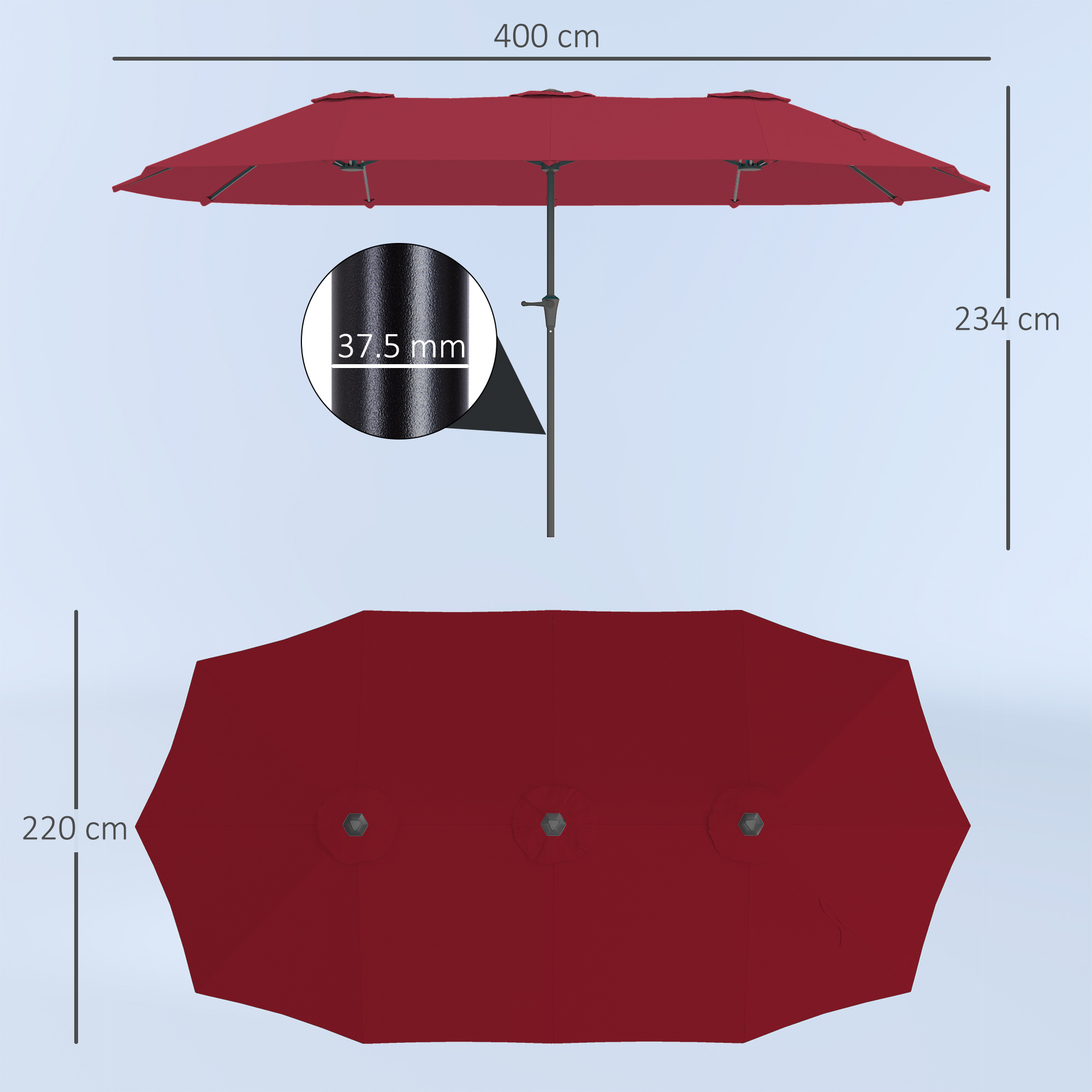 Un ombrellone rosso 400x234 cm con un primo piano del suo palo da 37,5 mm.