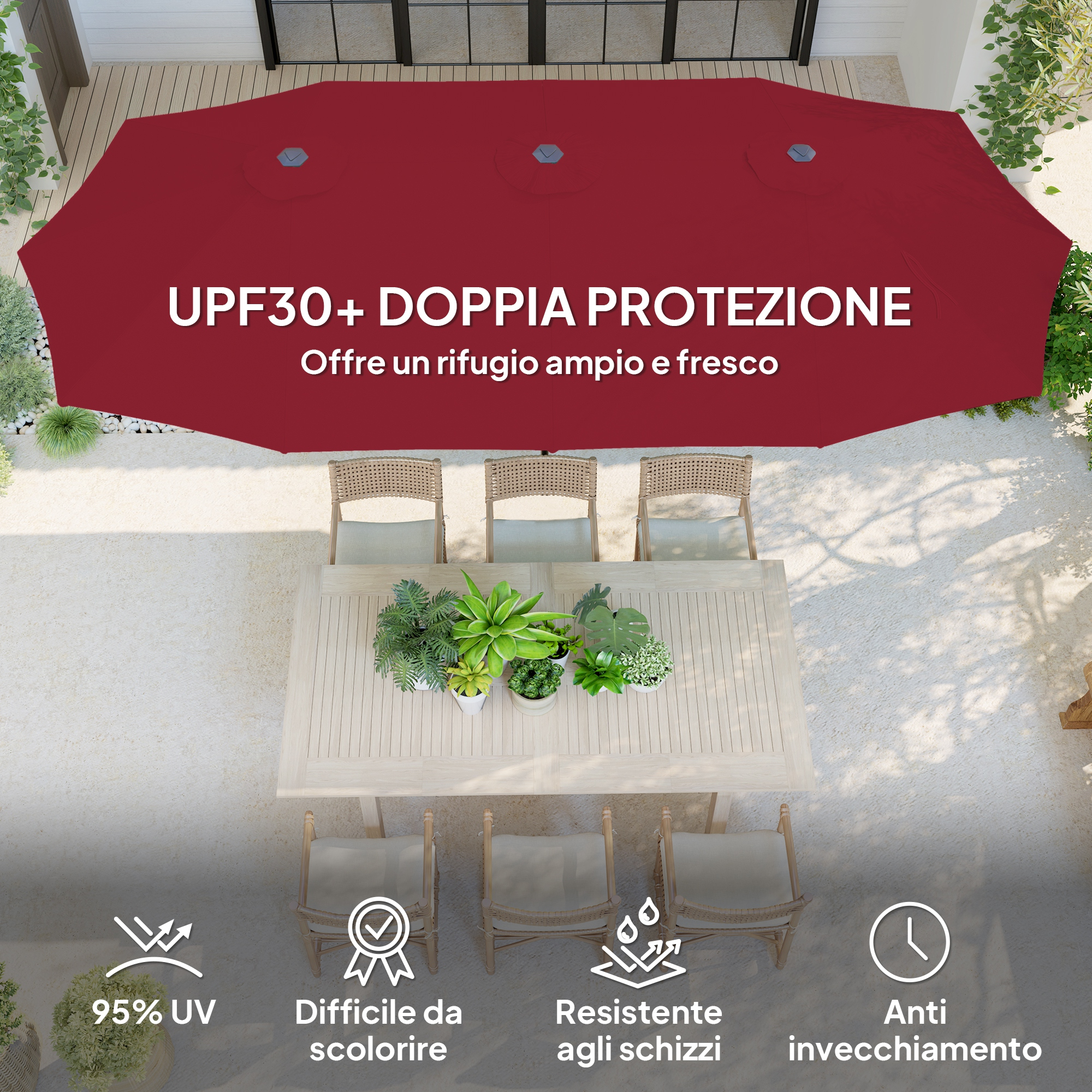 Un ombrellone rosso copre un tavolo da pranzo con sedie e piante.
