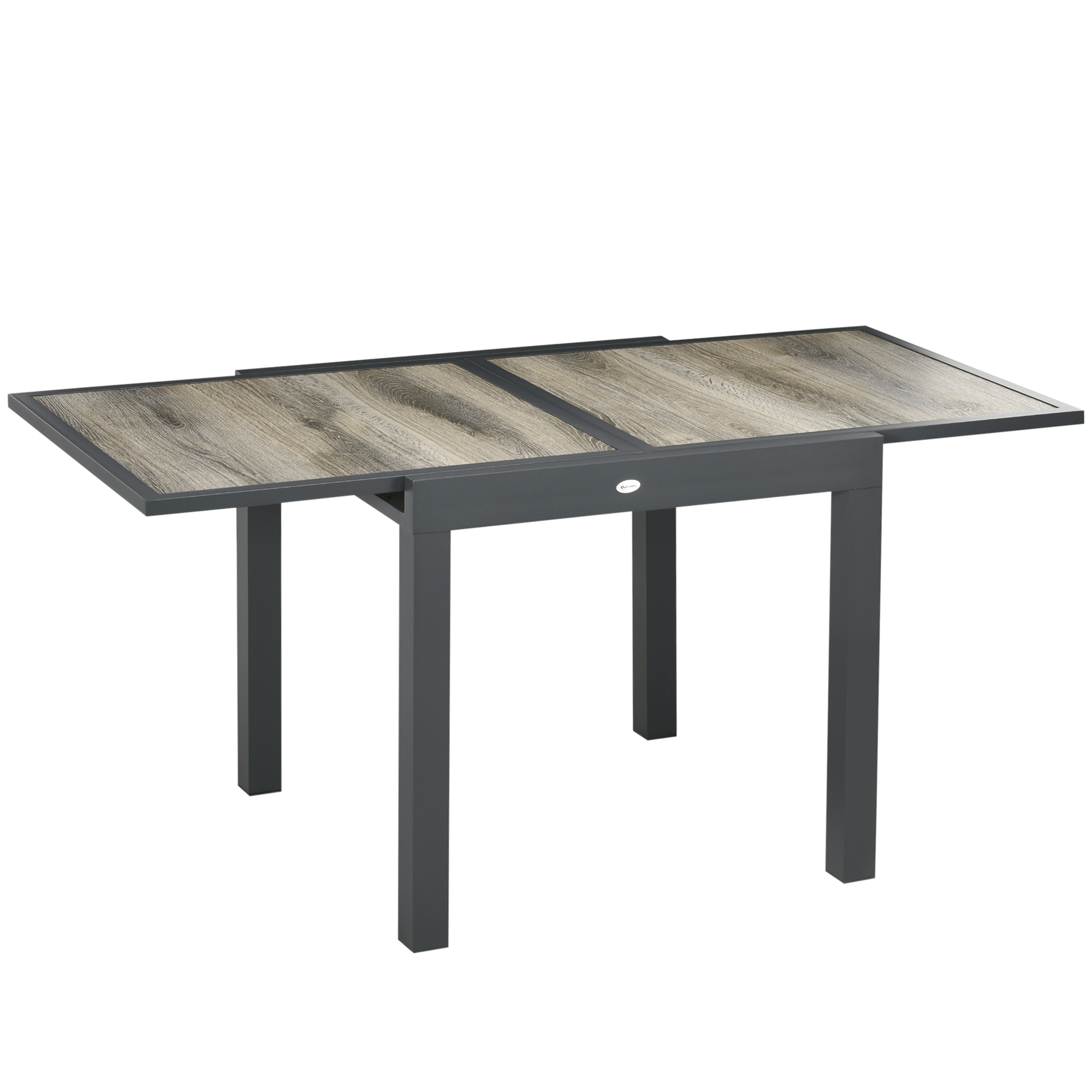 Tavolo allungabile con struttura in metallo grigio scuro e piano in laminato legno.