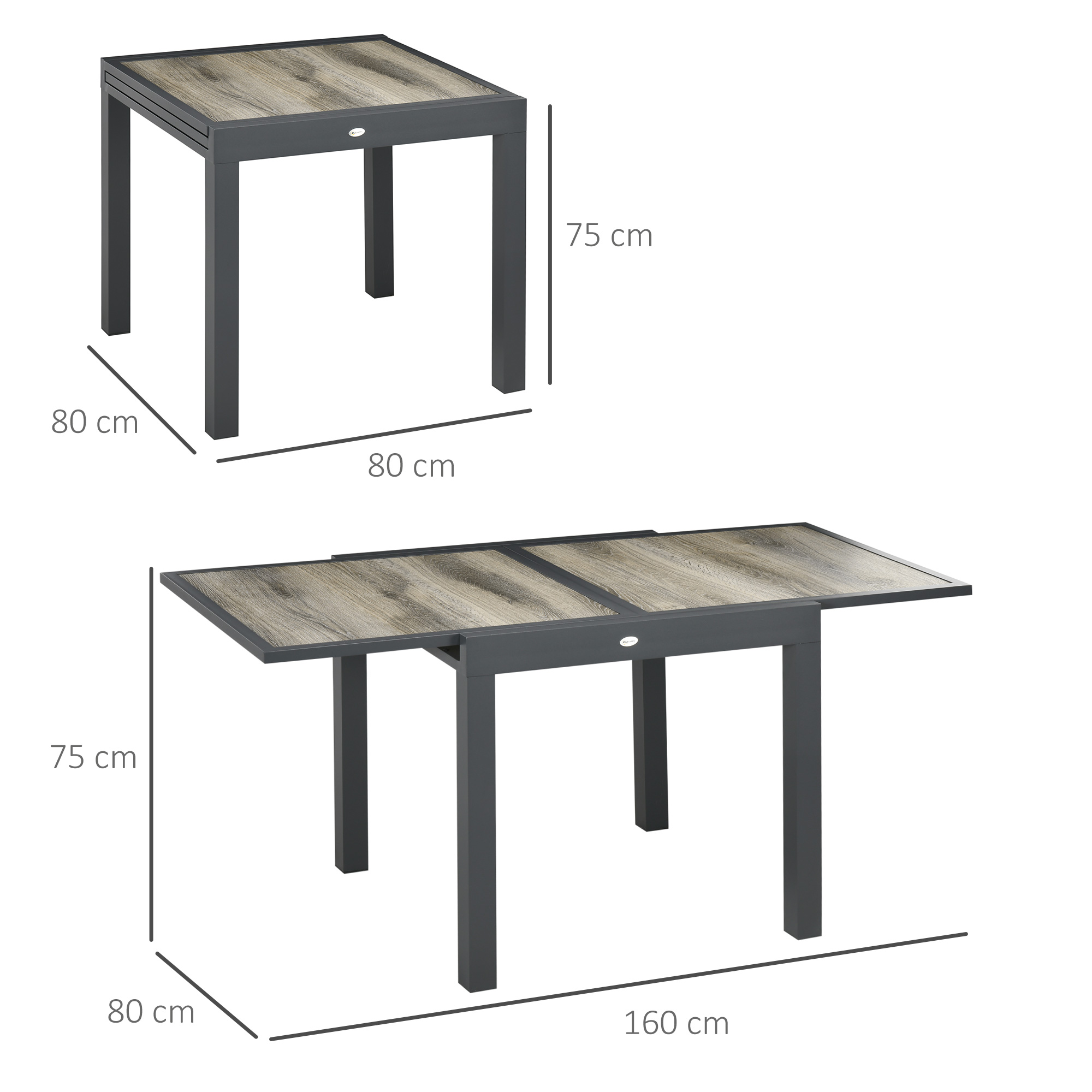 Due tavoli grigi con piani effetto legno. Uno è allungato, l'altro no.