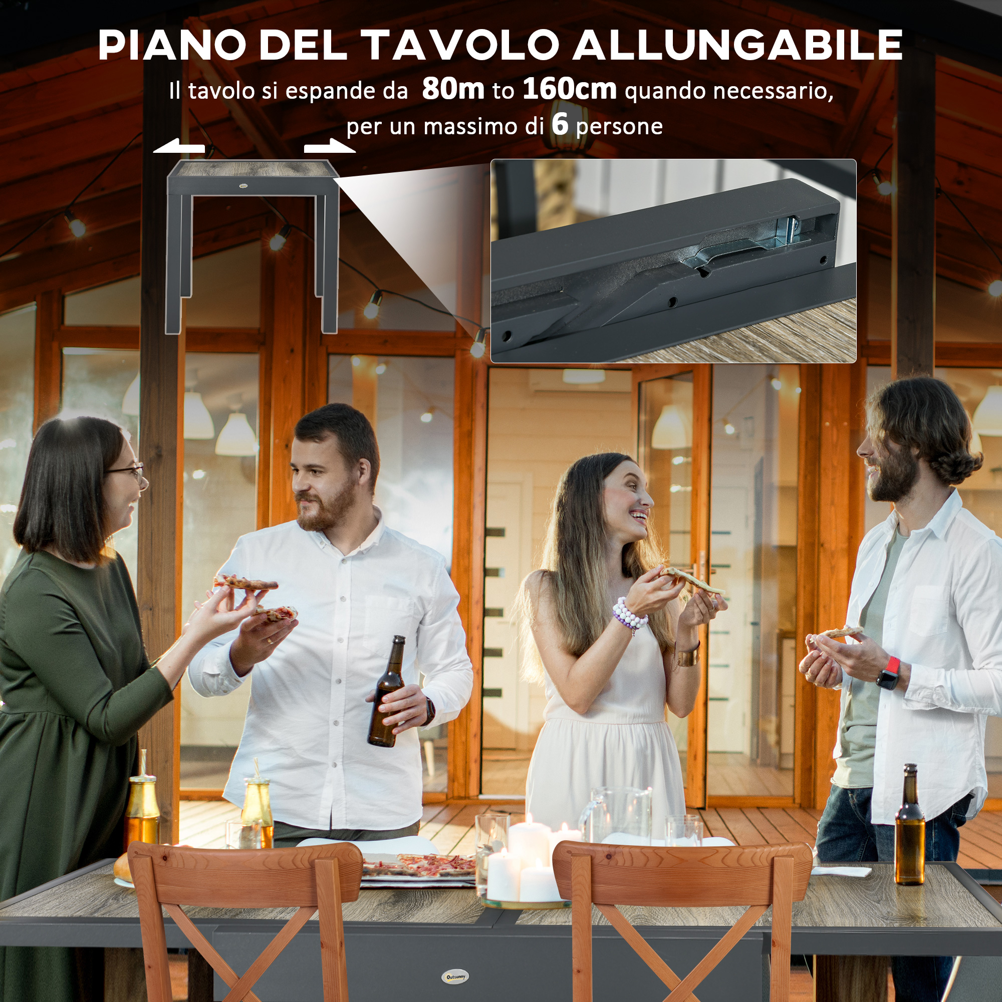 Quattro persone mangiano pizza e bevono birra a un tavolo estensibile all'aperto.