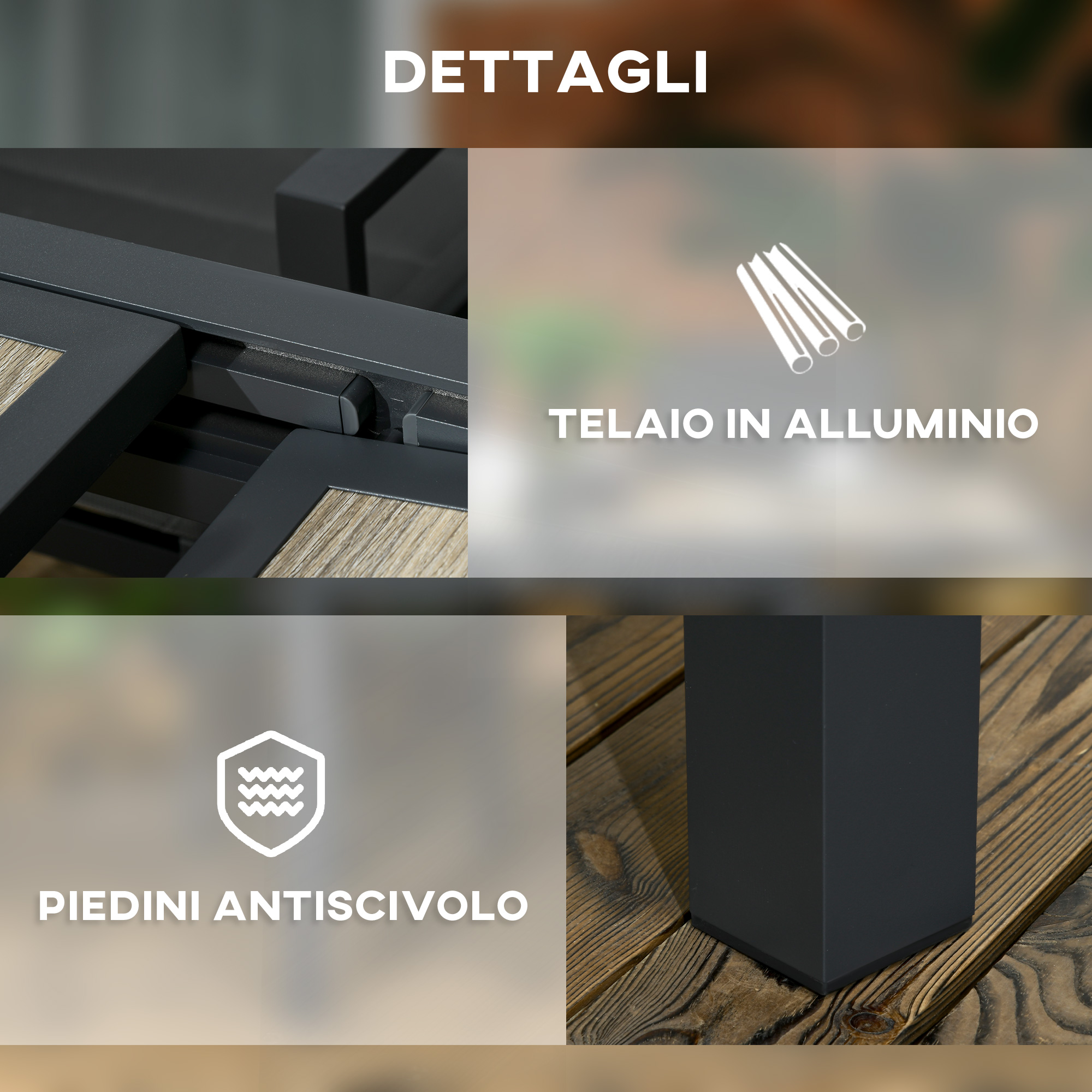 Primo piano di un telaio di tavolo in alluminio con superficie in legno e piedini antiscivolo.