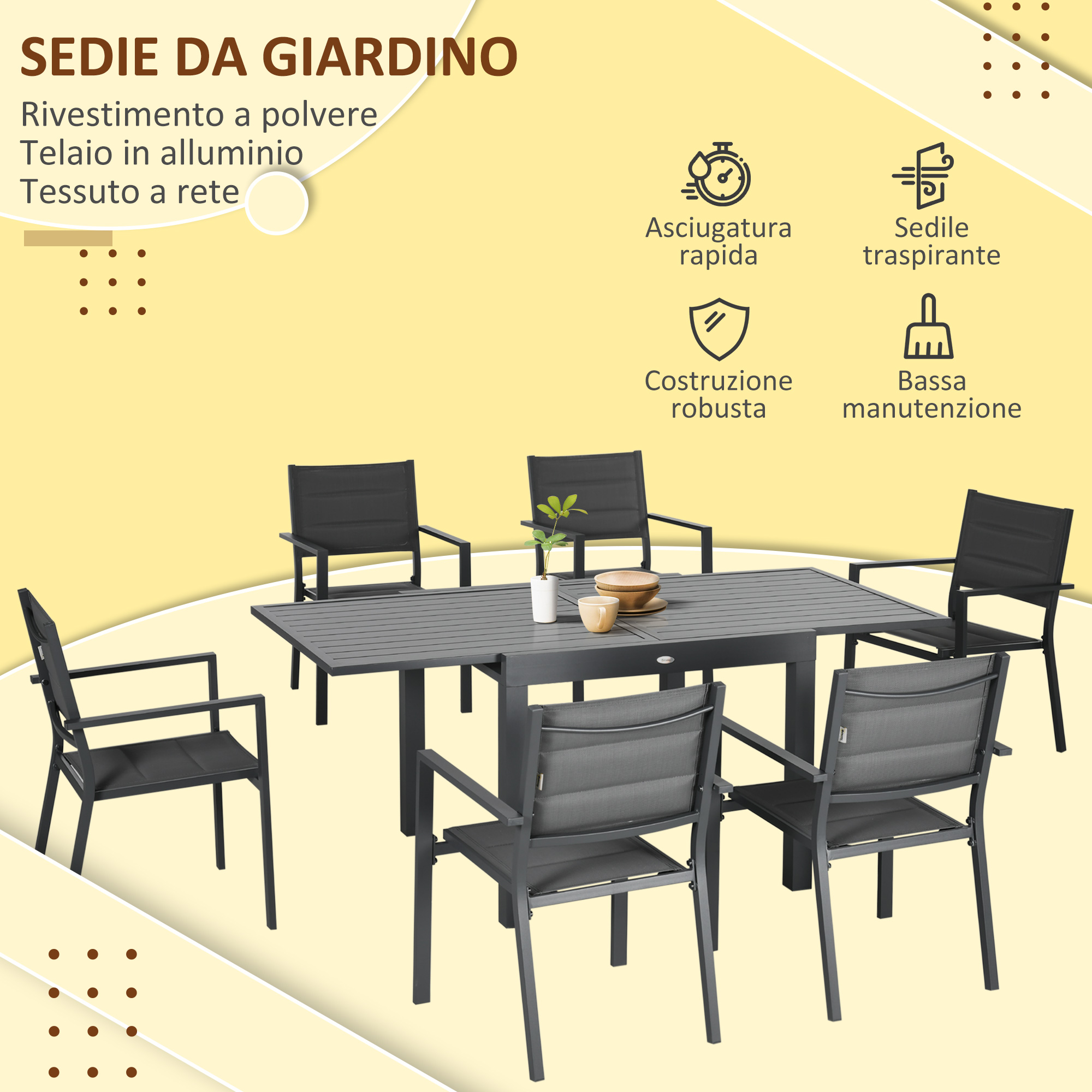 Un set da tavolo da giardino grigio con quattro sedie e un tavolo con ciotole e una pianta.