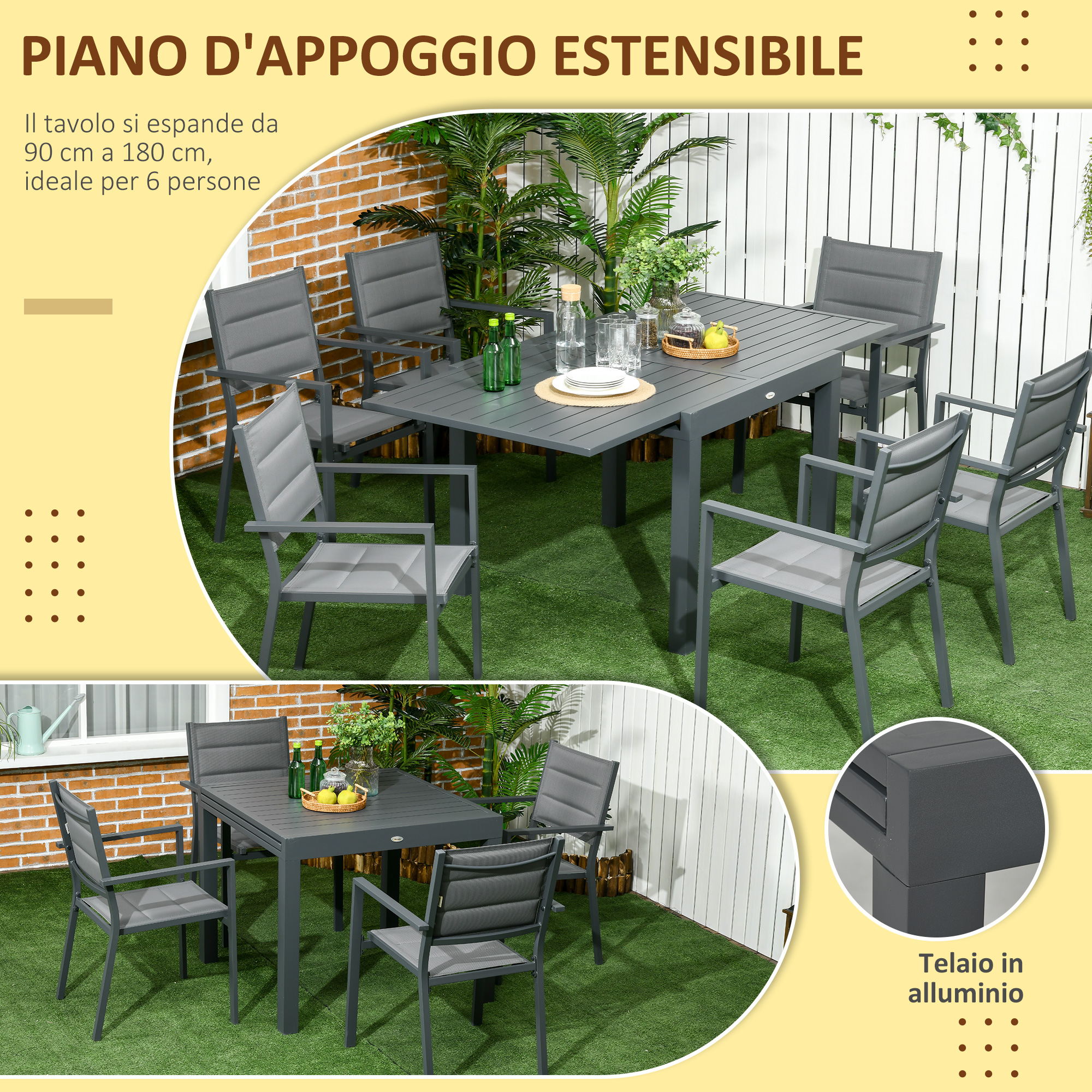 Set da pranzo da esterno grigio con tavolo estensibile e sedie su erba sintetica.