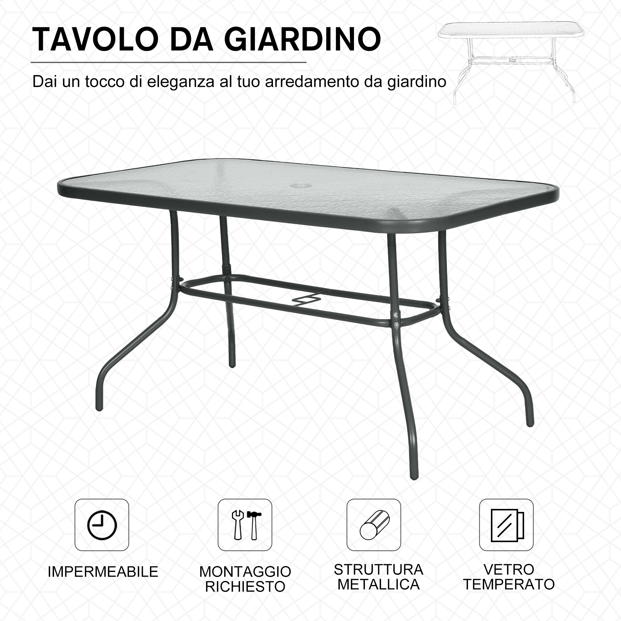 Un tavolo rettangolare in vetro con struttura in metallo scuro e quattro gambe.