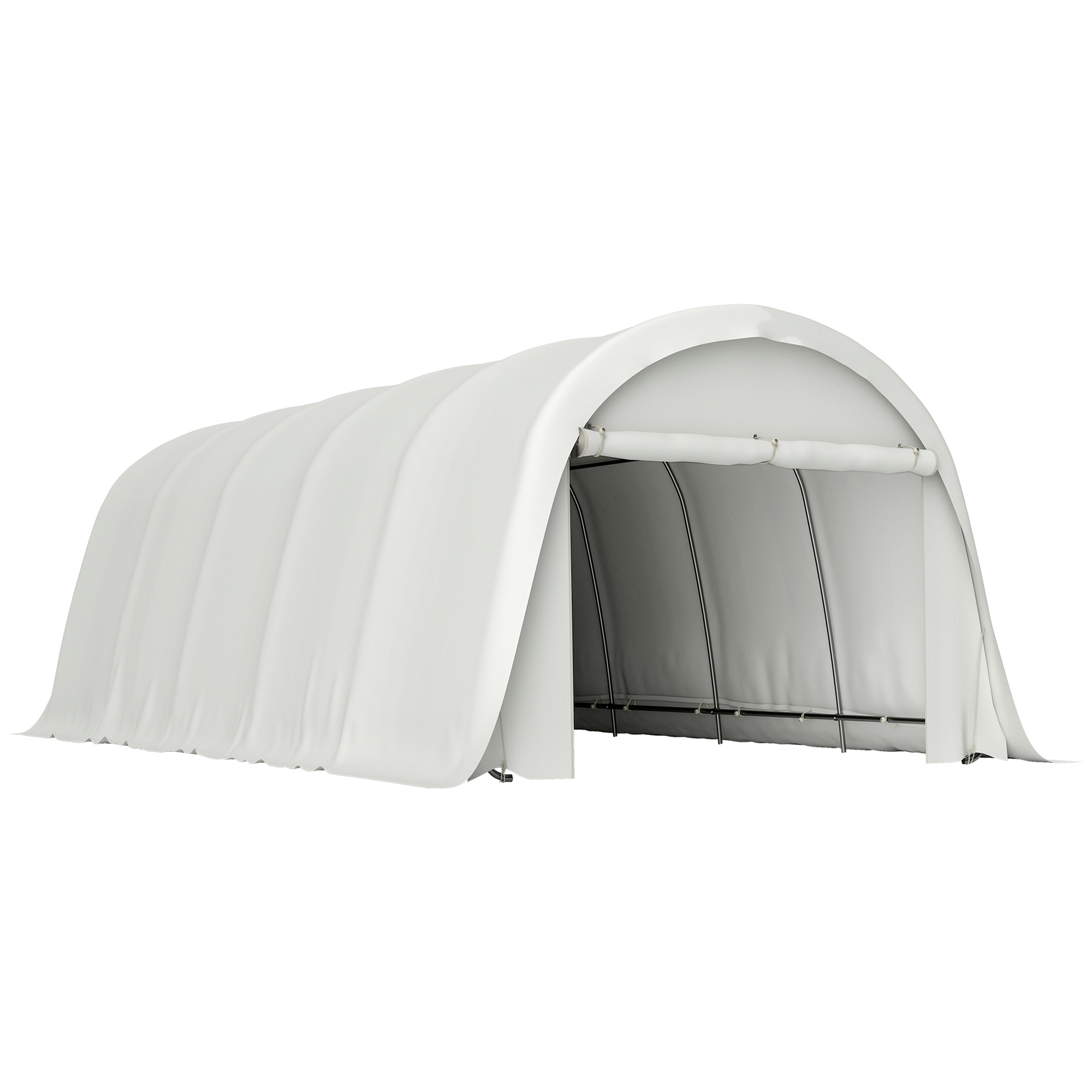 Una tenda bianca con telaio in metallo, su sfondo bianco.