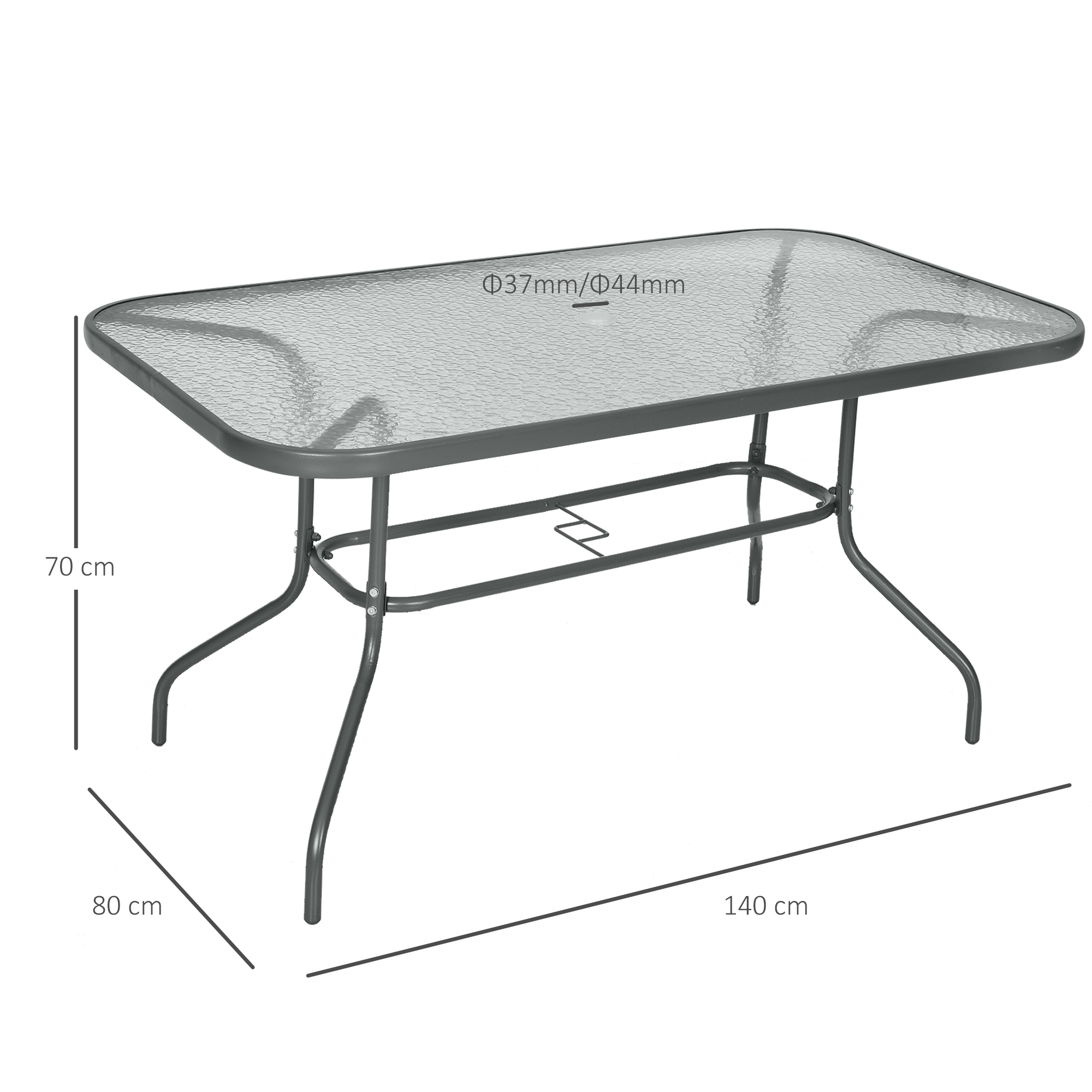 Tavolo rettangolare in vetro con gambe in metallo, 140x80x70cm.