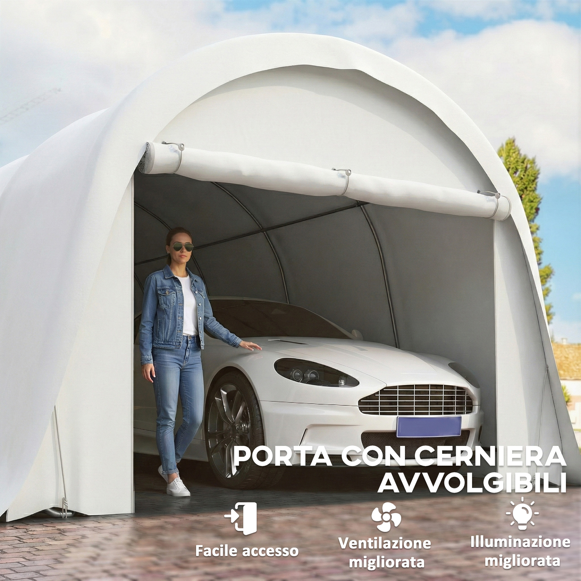 Una donna è accanto a un'auto bianca in una tenda bianca. La porta è arrotolata.
