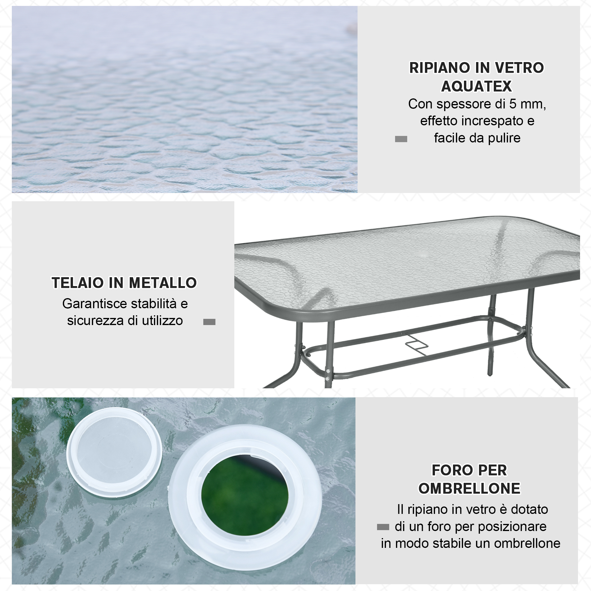 Tavolo in vetro con telaio in metallo e foro per ombrellone. Piano in vetro.