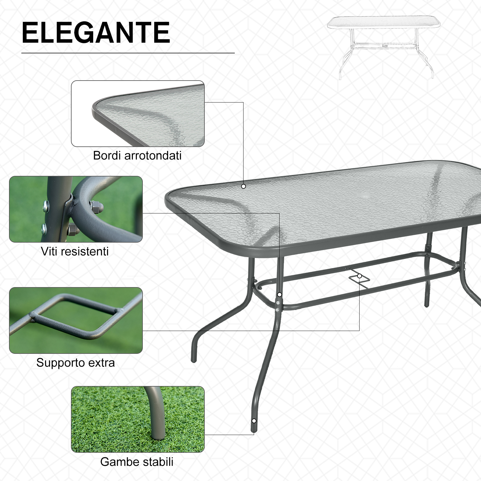 Tavolo rettangolare in vetro con struttura in metallo grigio e bordi arrotondati.
