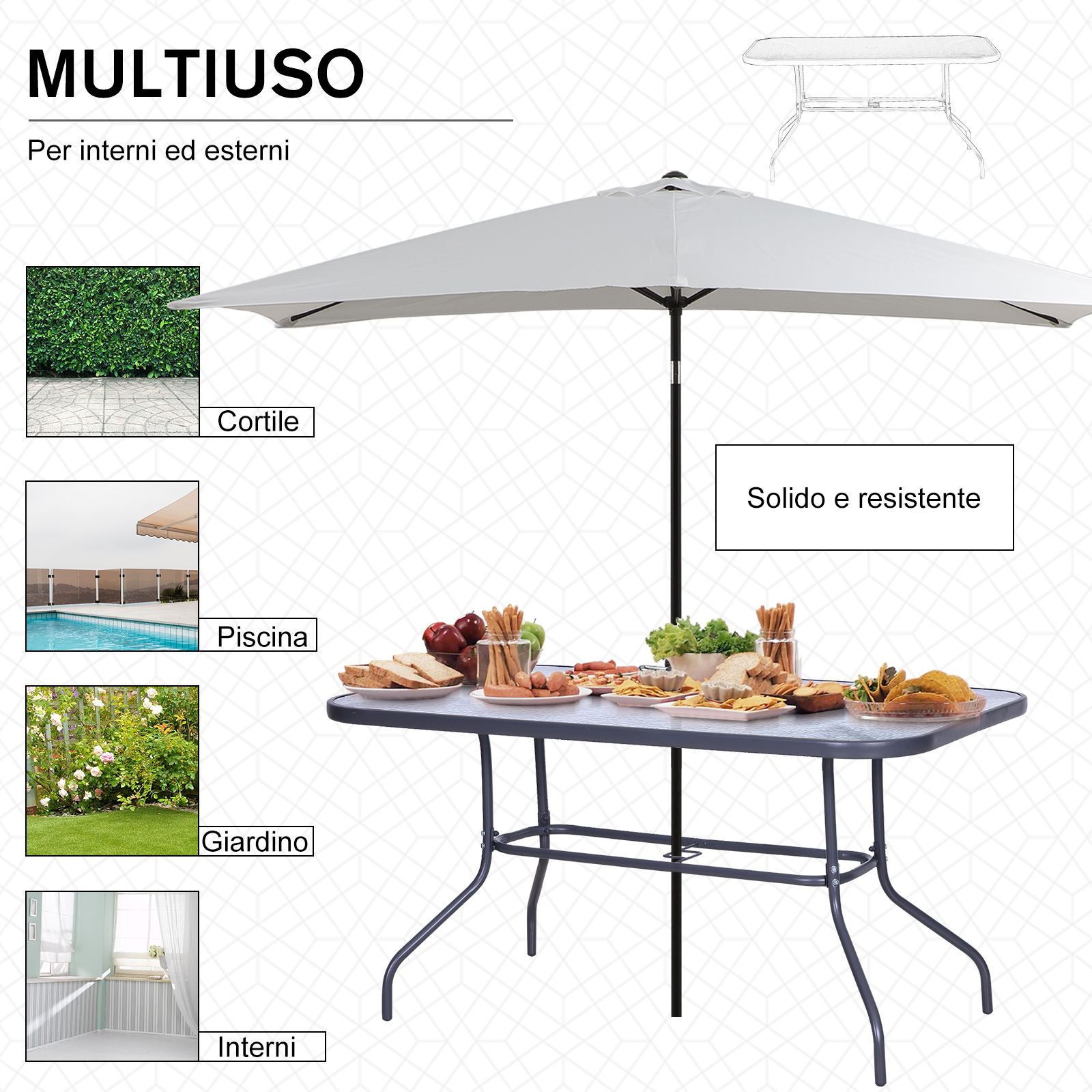 Tavolo con cibo sotto ombrellone, con immagini a riquadro di giardino, piscina e interni.