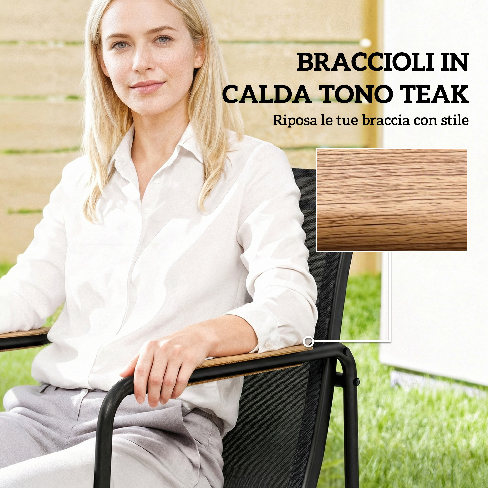 Donna seduta su sedia con braccioli in teak, primo piano della venatura del legno di teak.