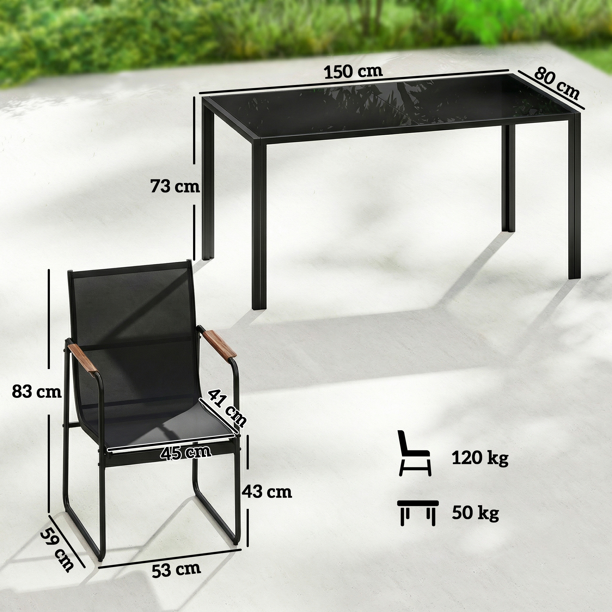 Tavolo in vetro nero (150x80x73cm) e sedia (53x59x83cm) con dimensioni.
