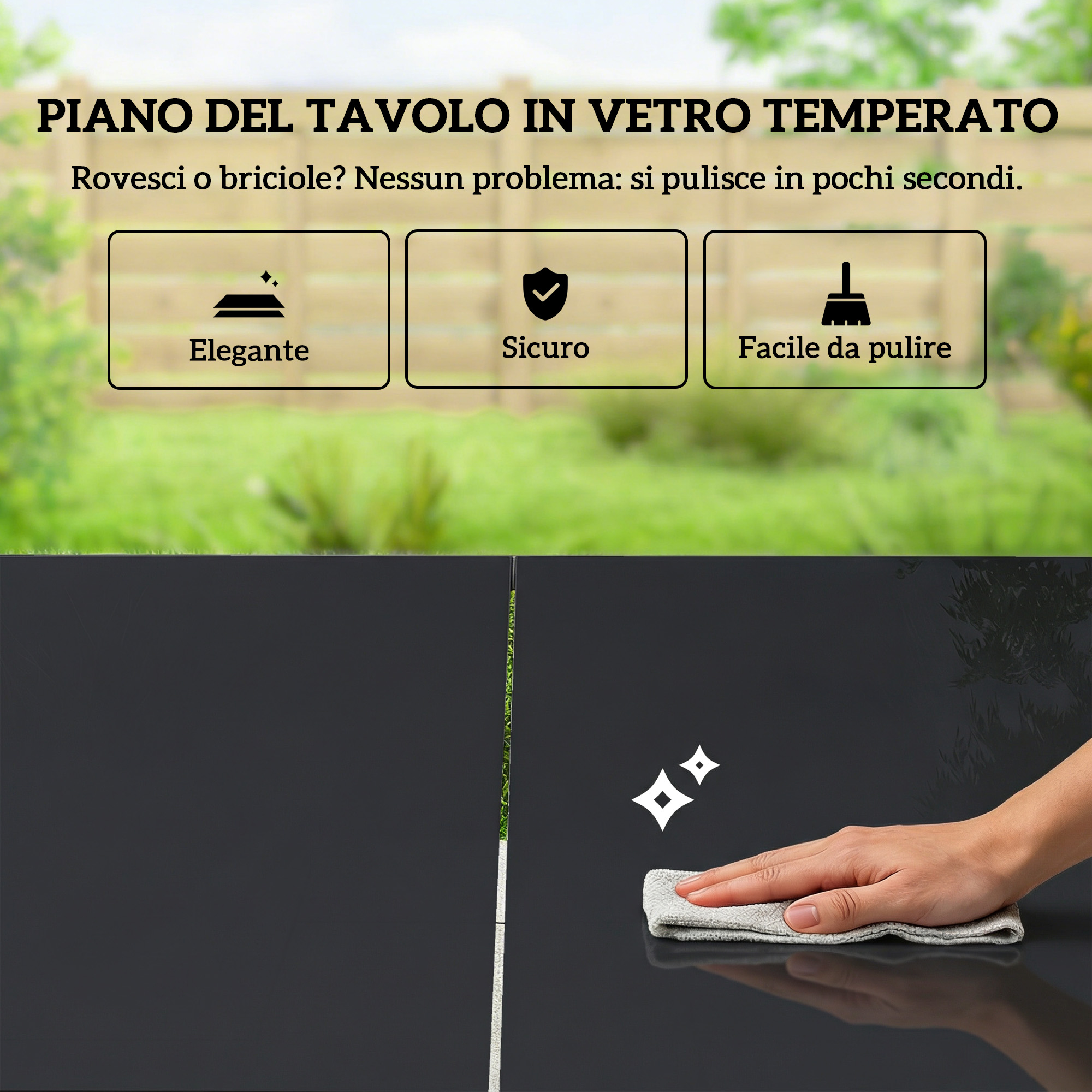 Un piano tavolo in vetro temperato viene pulito. Icone per eleganza, sicurezza, facilità di pulizia.